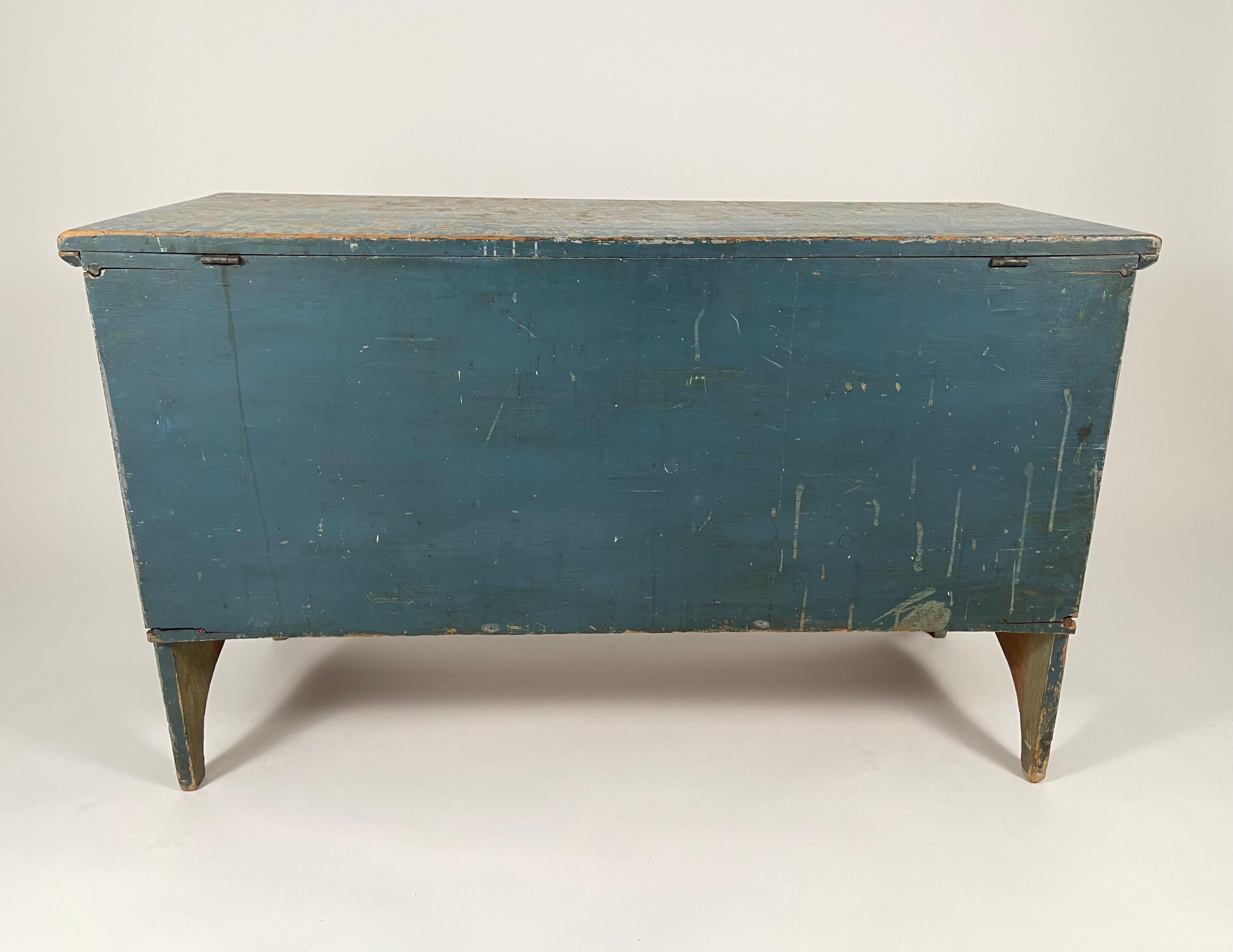 Hand-Painted Six Board Blanket Chest in Original Old Blue Paint, circa 1830
