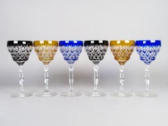 Six Bohemian crystal goblets, cut and enameled in matching colors, 20th century.