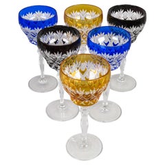 Six Bohemian crystal goblets, cut and enameled in matching colors, 20th century.