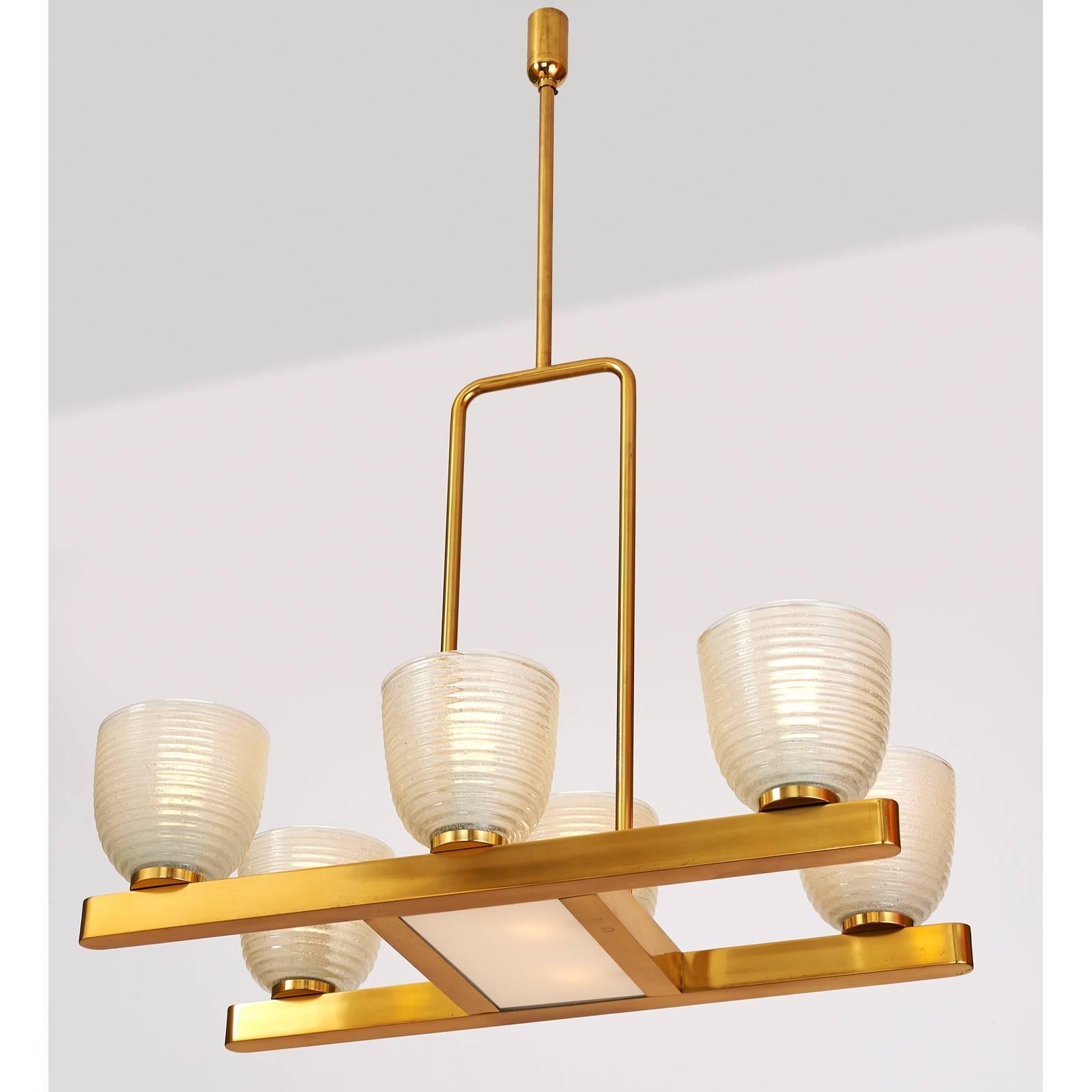 Brass Six Branch Murano Chandelier with Pulegoso Glass Shades, Italy, 1950s For Sale