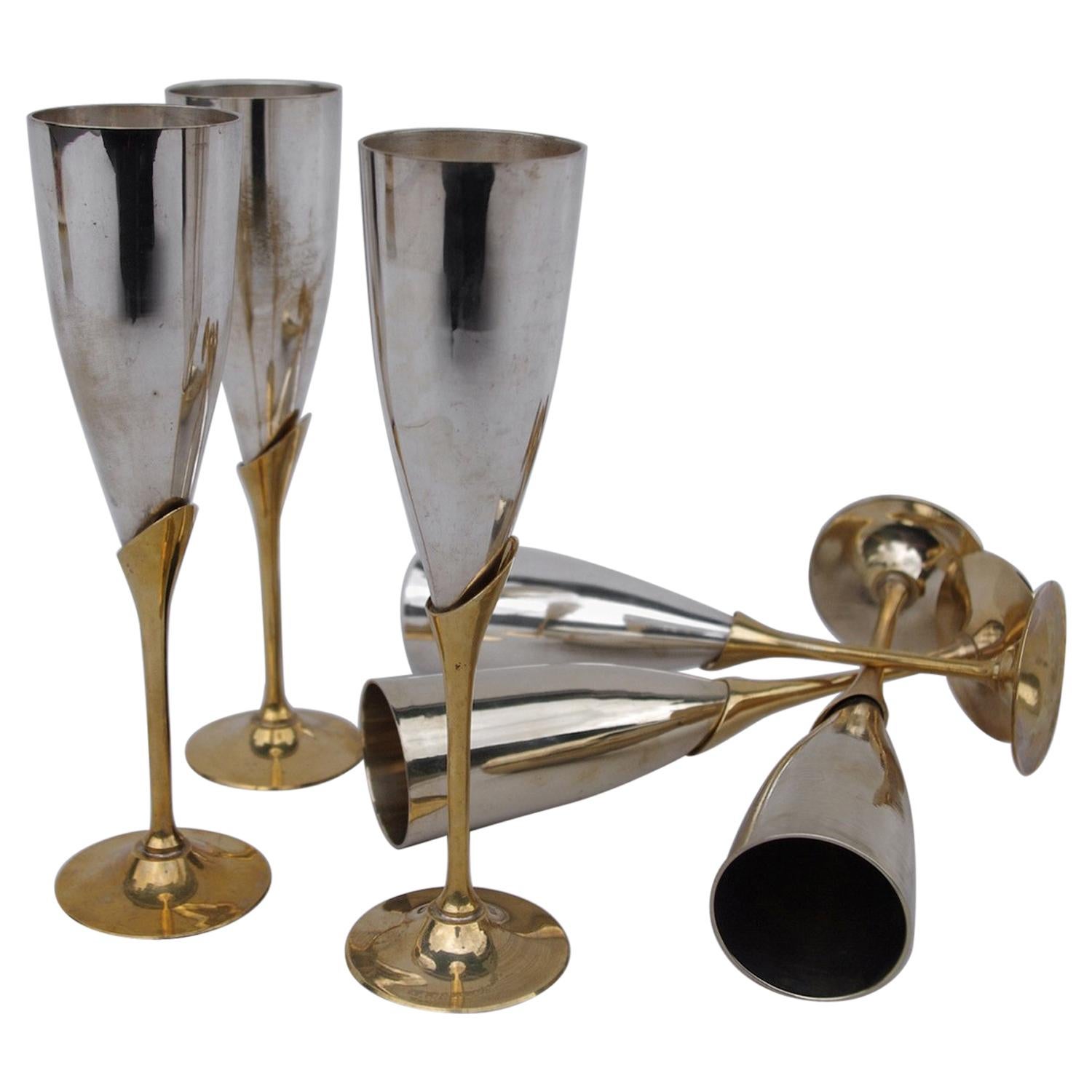 Six Brass Champagne Flutes, circa 1970 For Sale