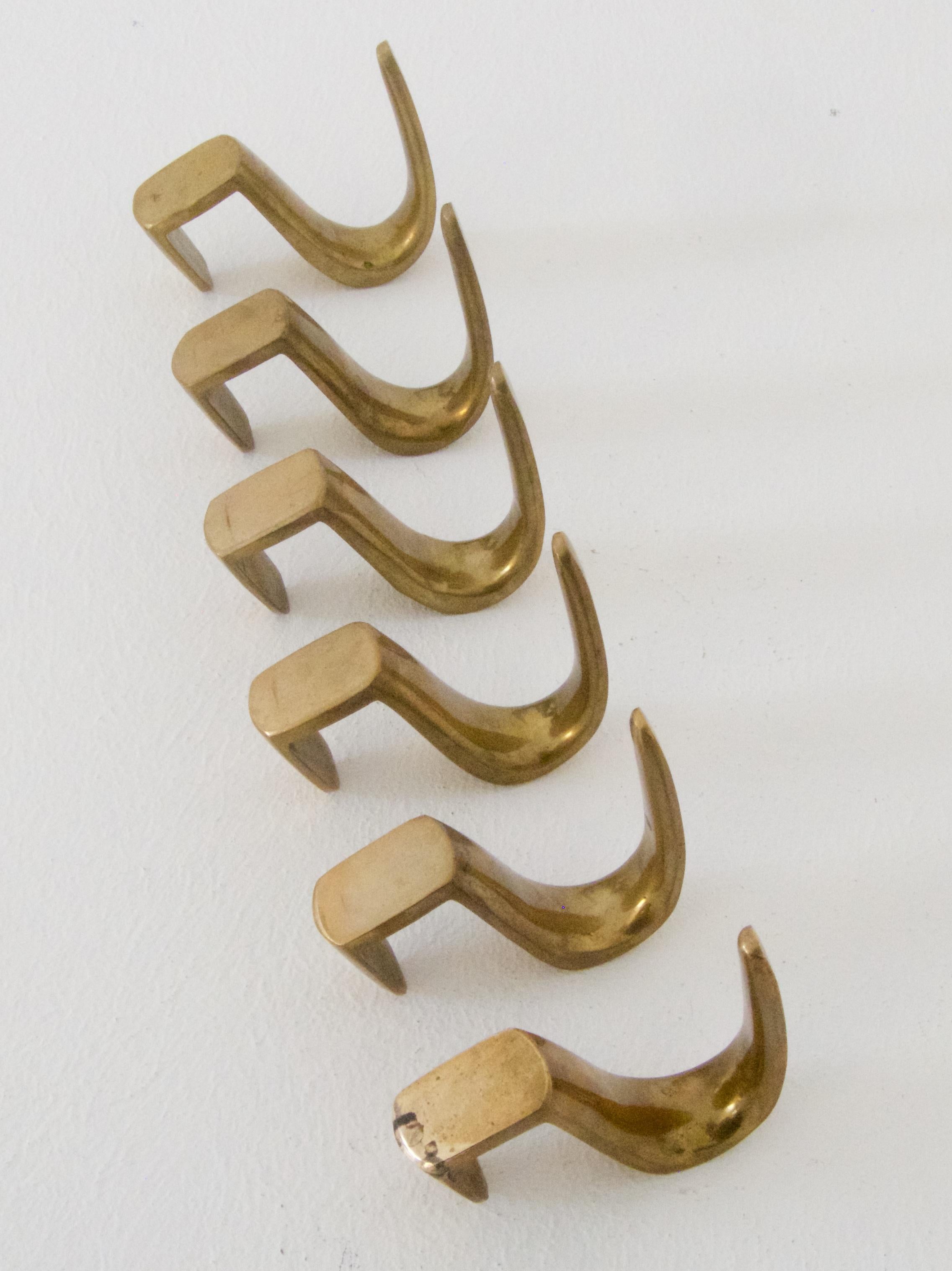 Austrian Six Brass Coat Hooks by Carl Auböck