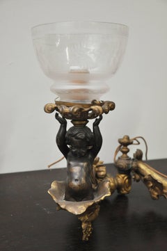 Six Bronze Gilt Sconces with Etched Glass Hurricanes