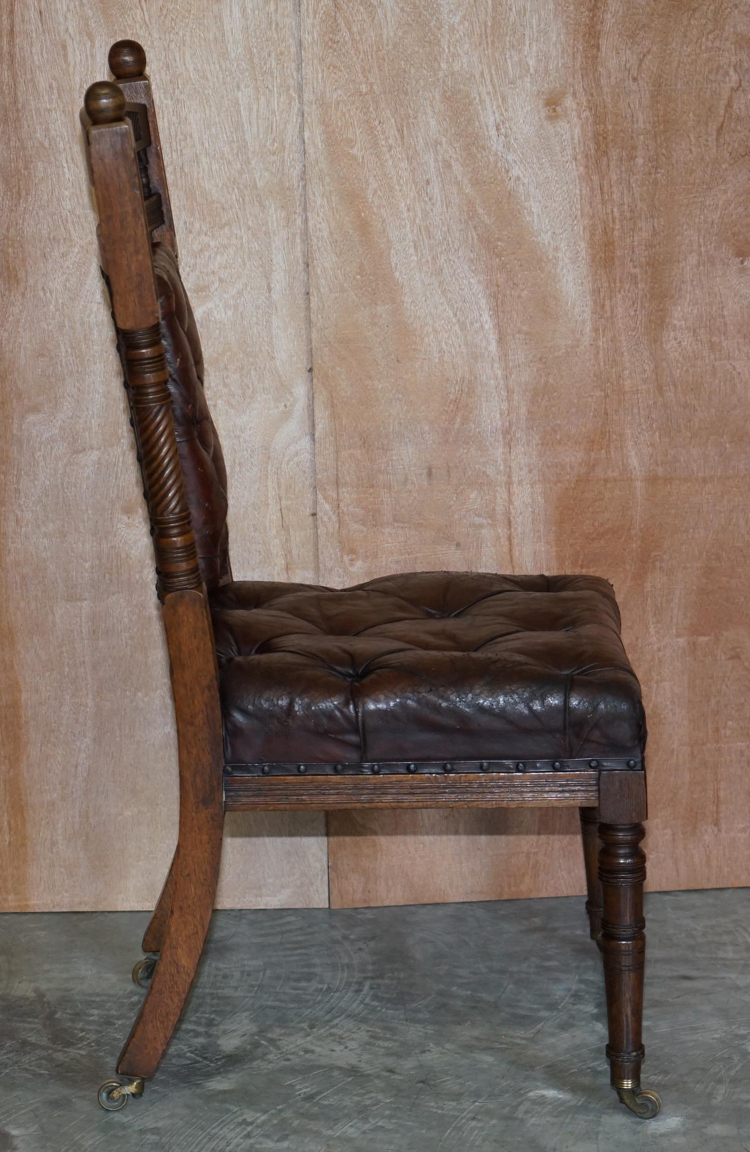 Six Brown Leather & Oak Antique Victorian Chesterfield Dining Chairs Restoration 8