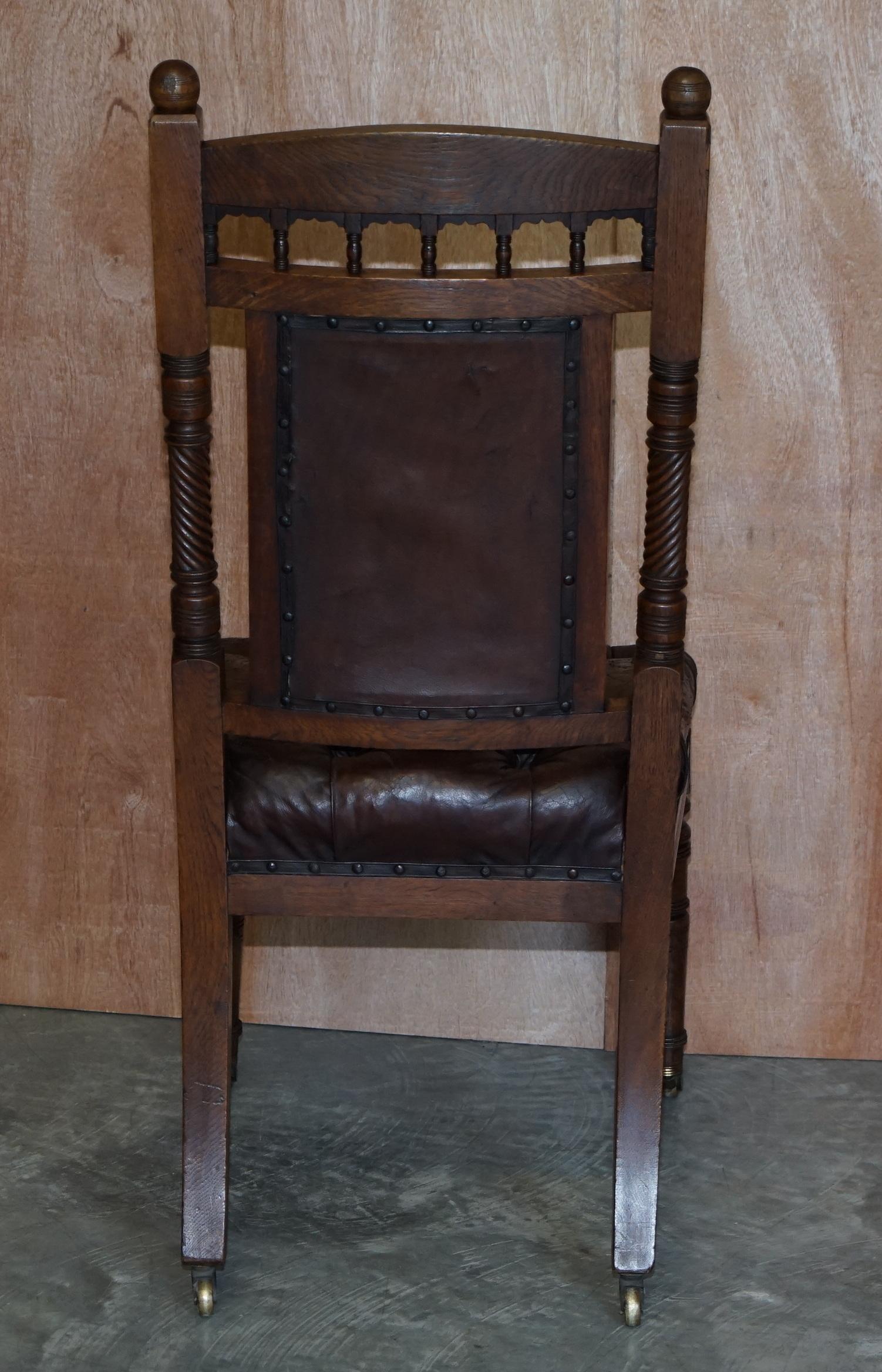 Six Brown Leather & Oak Antique Victorian Chesterfield Dining Chairs Restoration 9