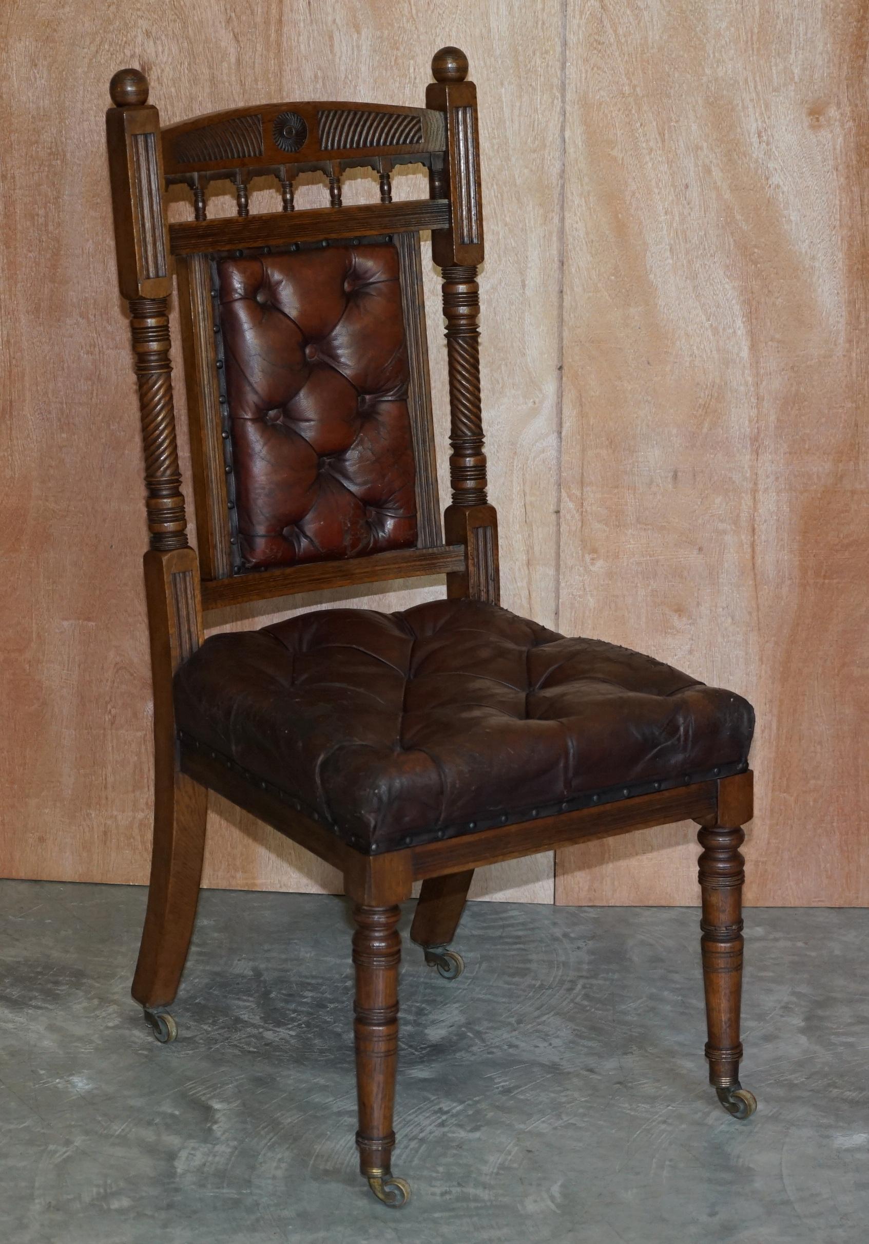 Six Brown Leather & Oak Antique Victorian Chesterfield Dining Chairs Restoration 12