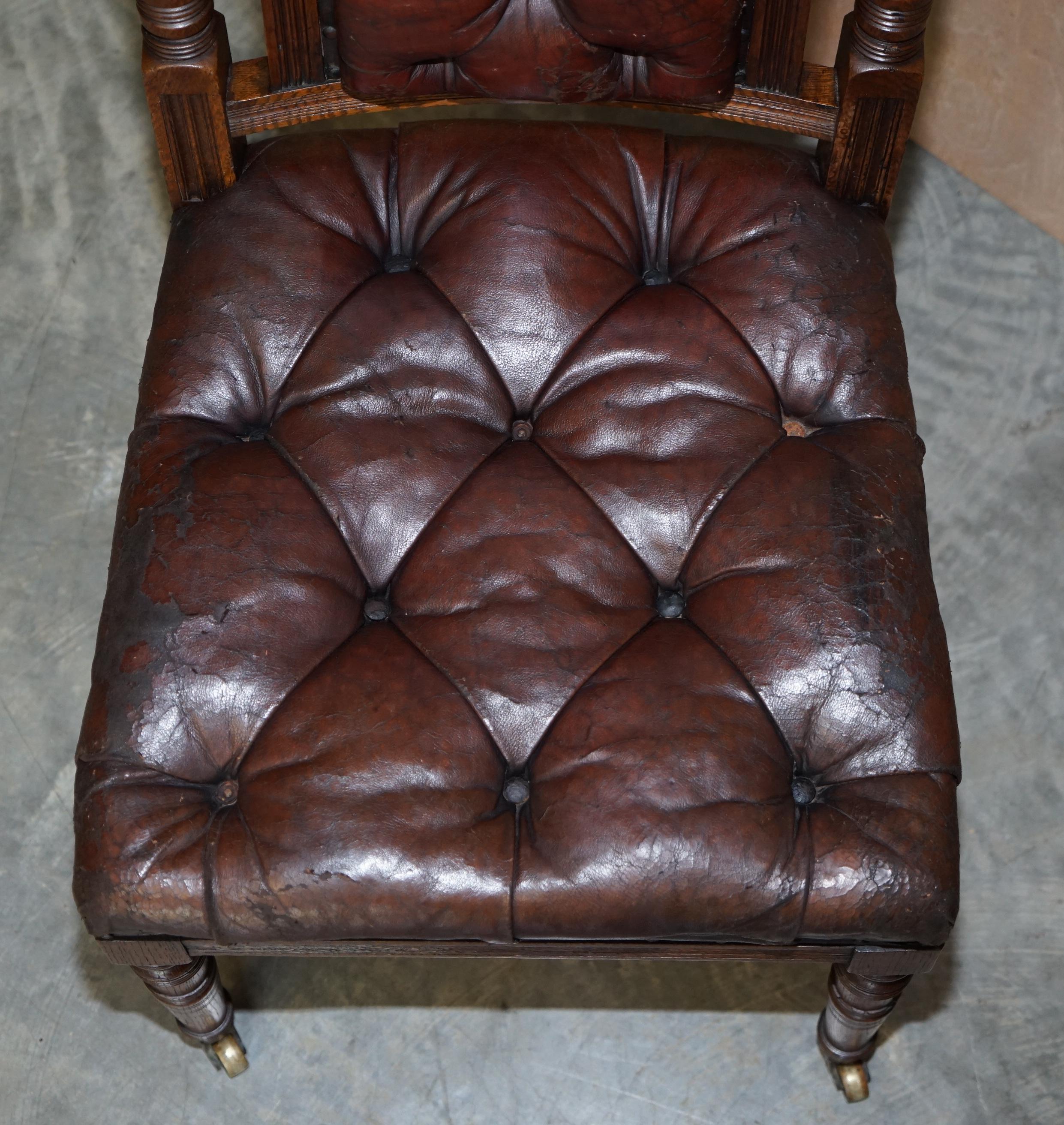 Six Brown Leather & Oak Antique Victorian Chesterfield Dining Chairs Restoration 13