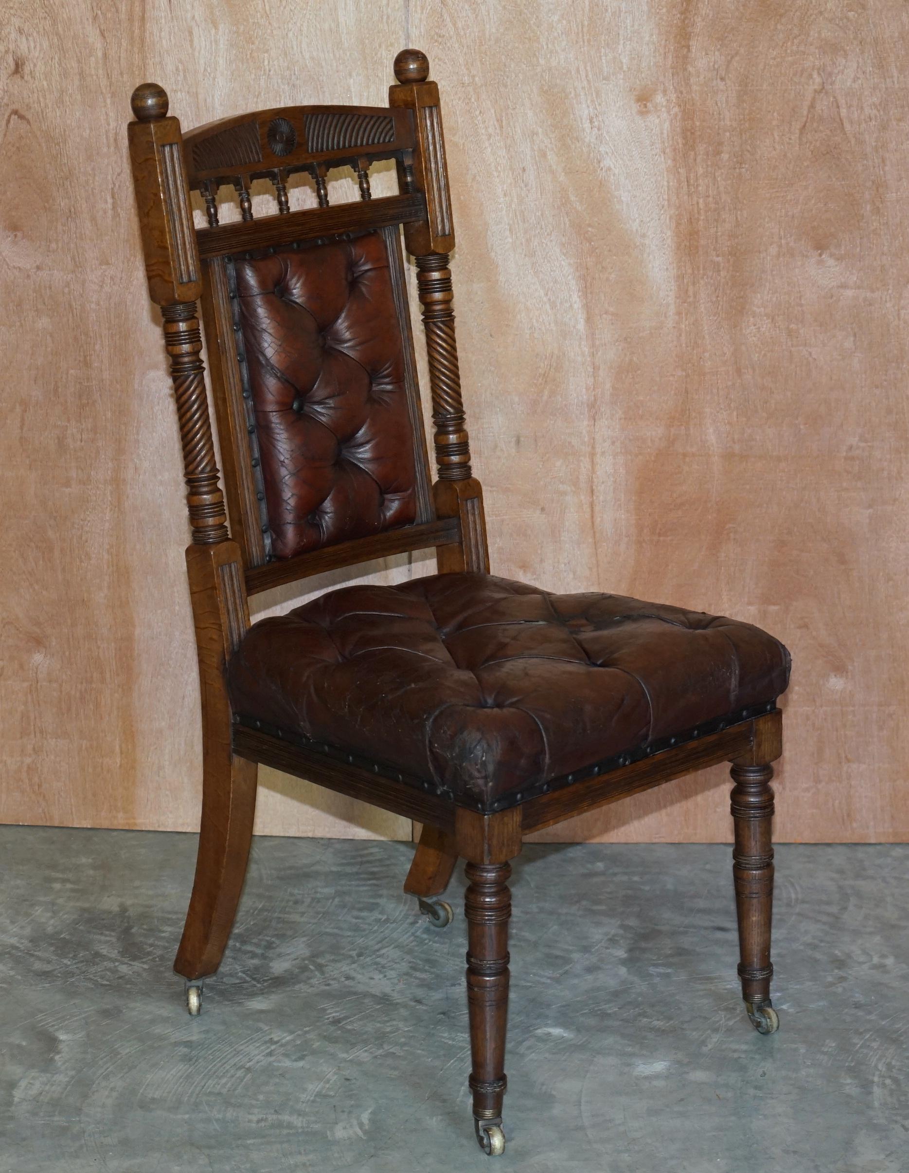 Six Brown Leather & Oak Antique Victorian Chesterfield Dining Chairs Restoration 14