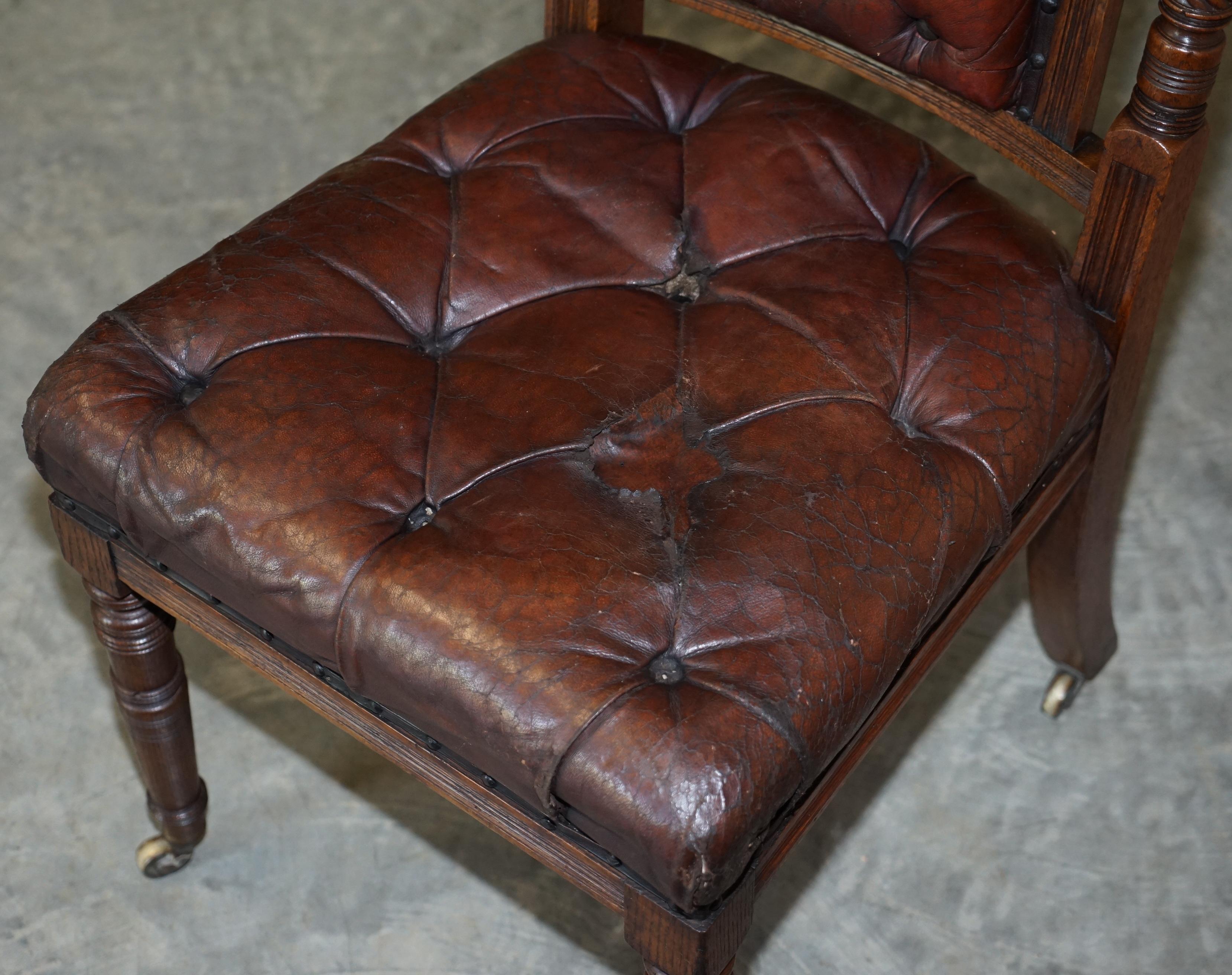 Six Brown Leather & Oak Antique Victorian Chesterfield Dining Chairs Restoration 15