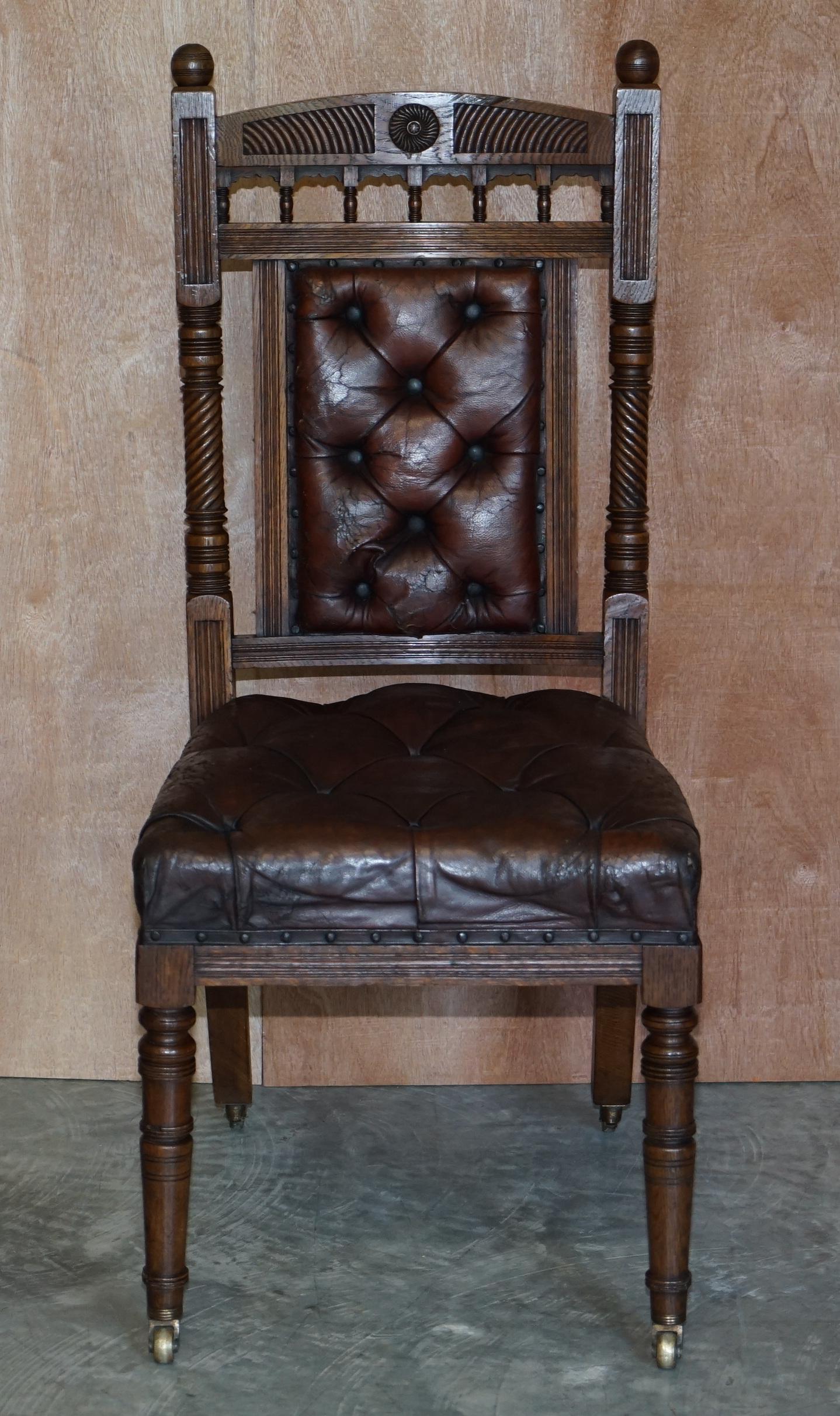 English Six Brown Leather & Oak Antique Victorian Chesterfield Dining Chairs Restoration