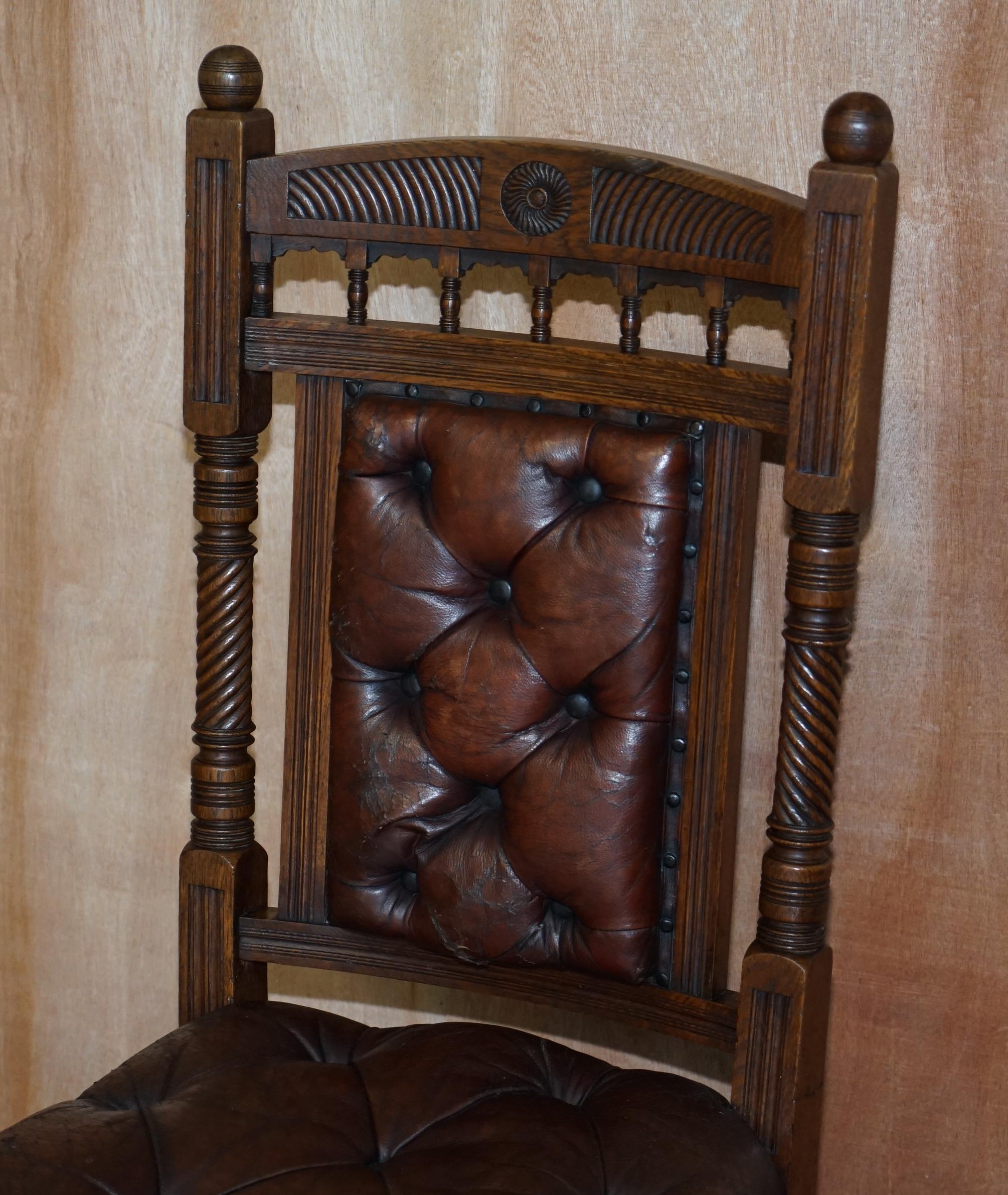 Hand-Crafted Six Brown Leather & Oak Antique Victorian Chesterfield Dining Chairs Restoration