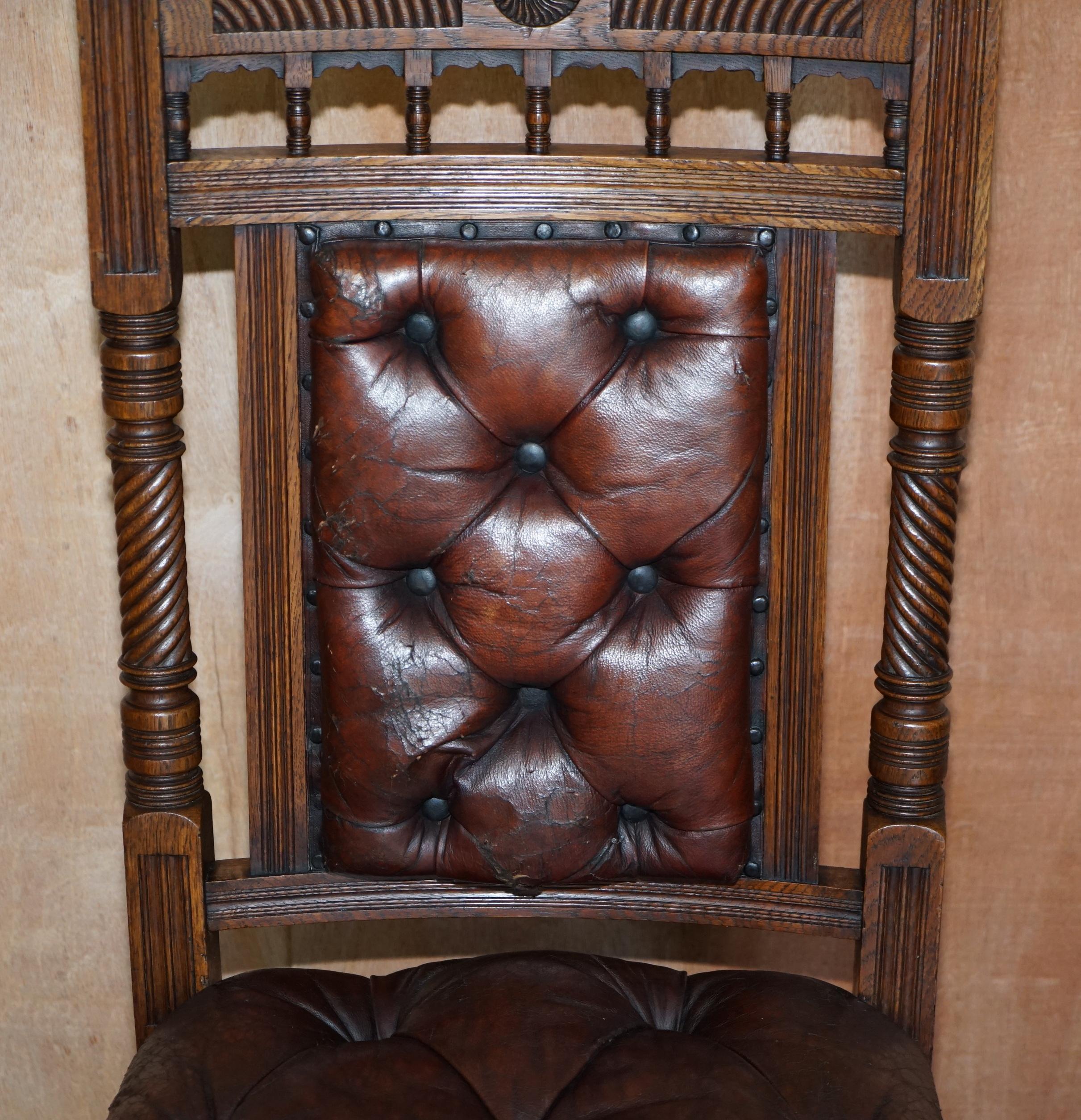 19th Century Six Brown Leather & Oak Antique Victorian Chesterfield Dining Chairs Restoration