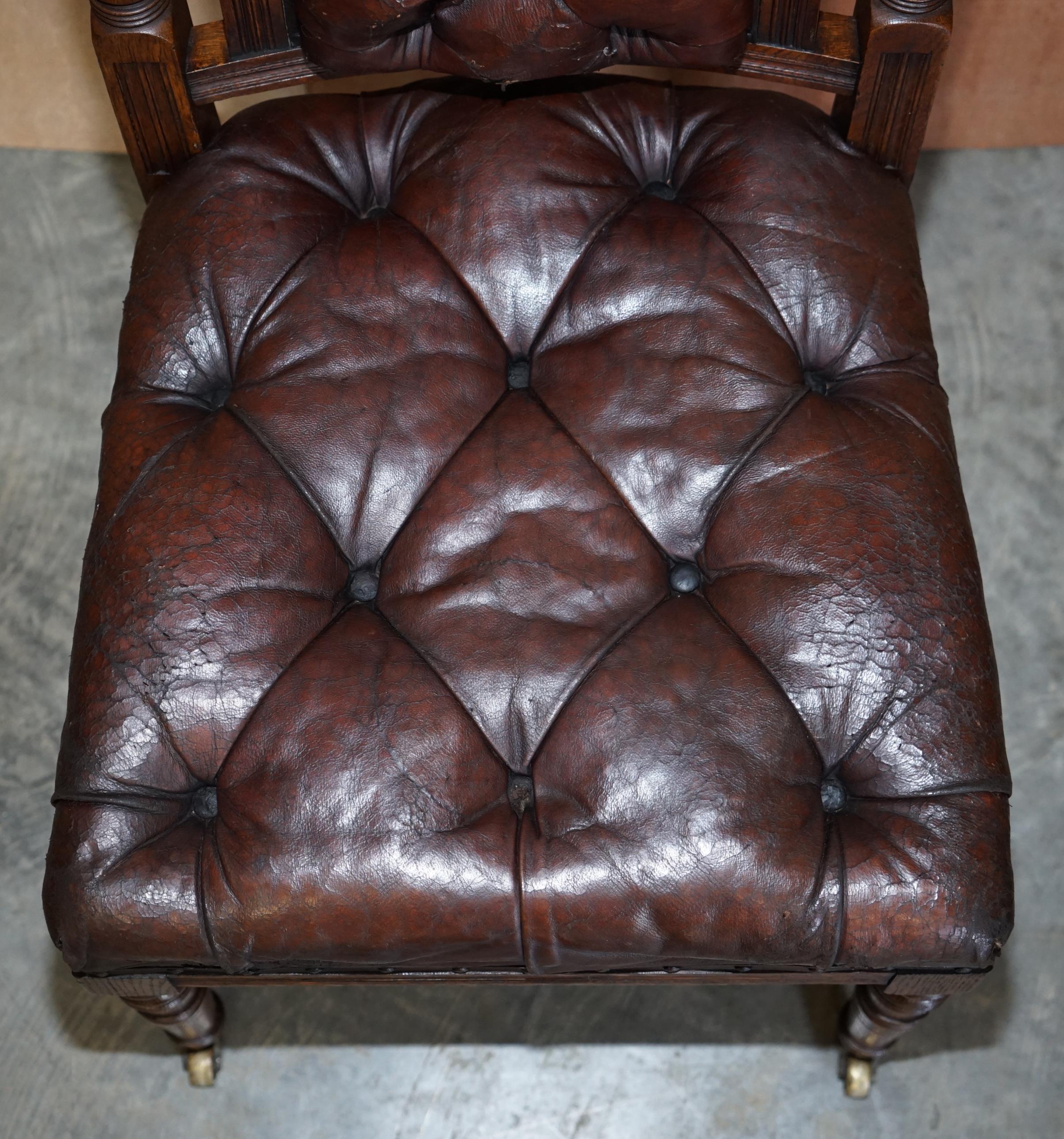 Six Brown Leather & Oak Antique Victorian Chesterfield Dining Chairs Restoration 3