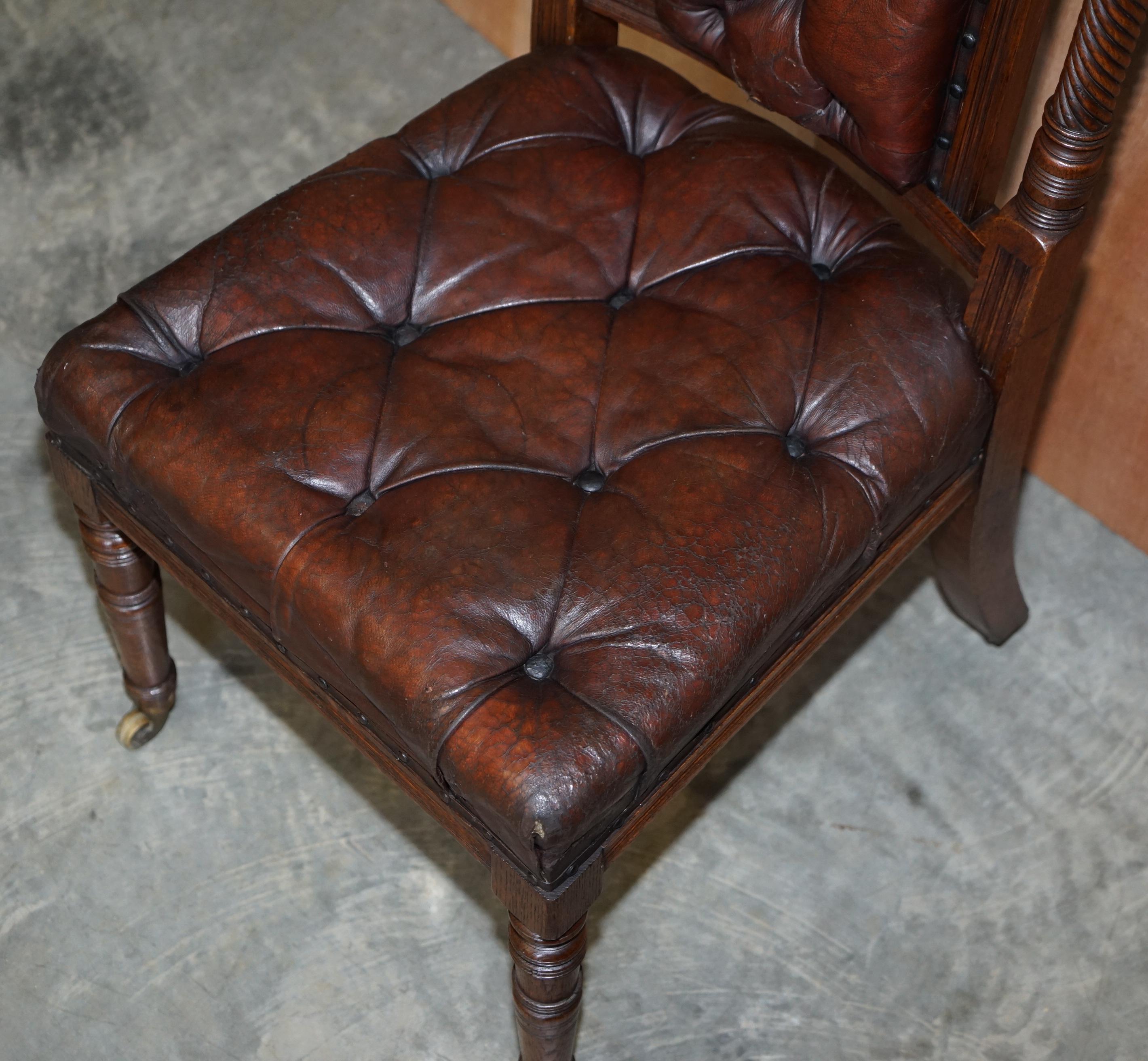Six Brown Leather & Oak Antique Victorian Chesterfield Dining Chairs Restoration 4