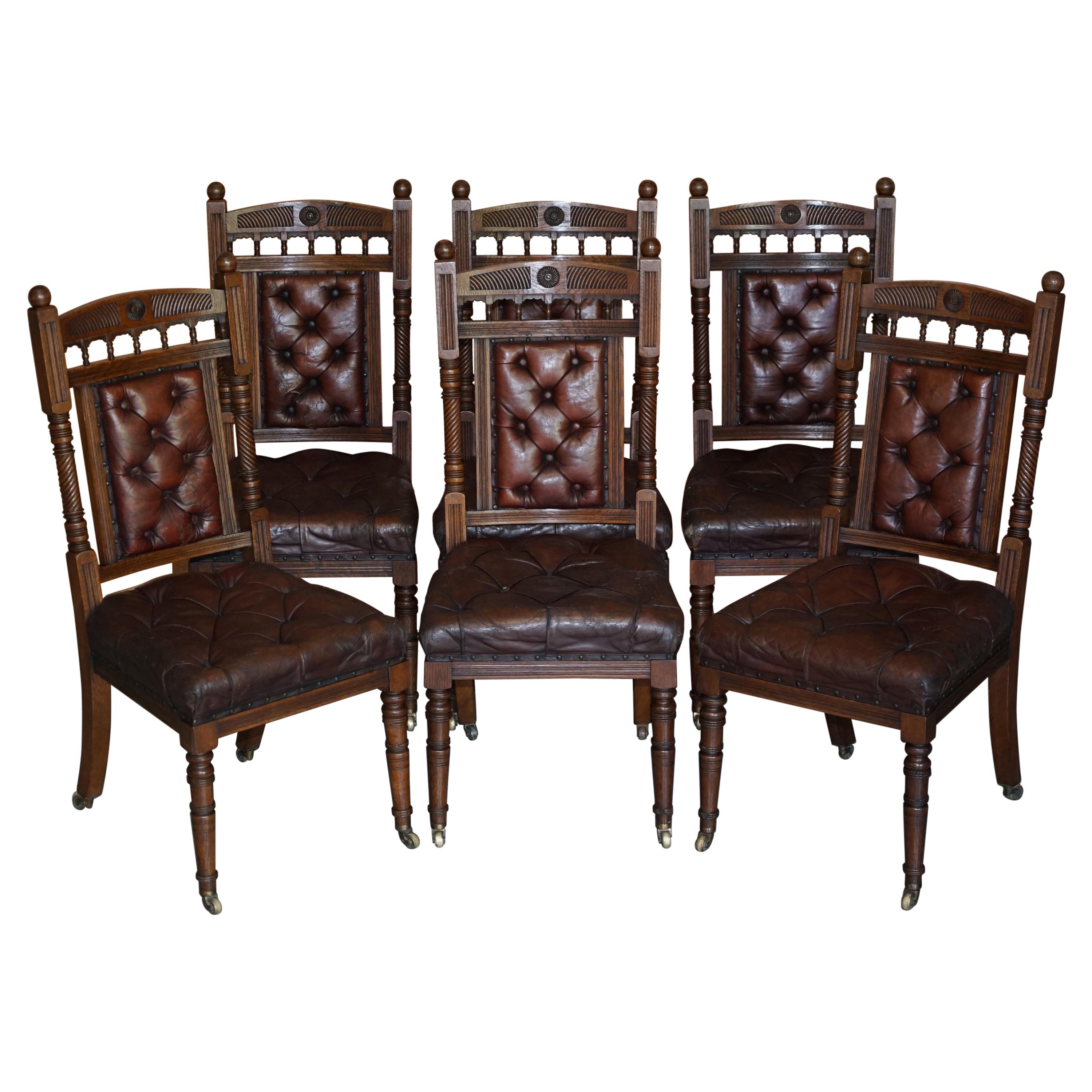 Six Brown Leather & Oak Antique Victorian Chesterfield Dining Chairs Restoration