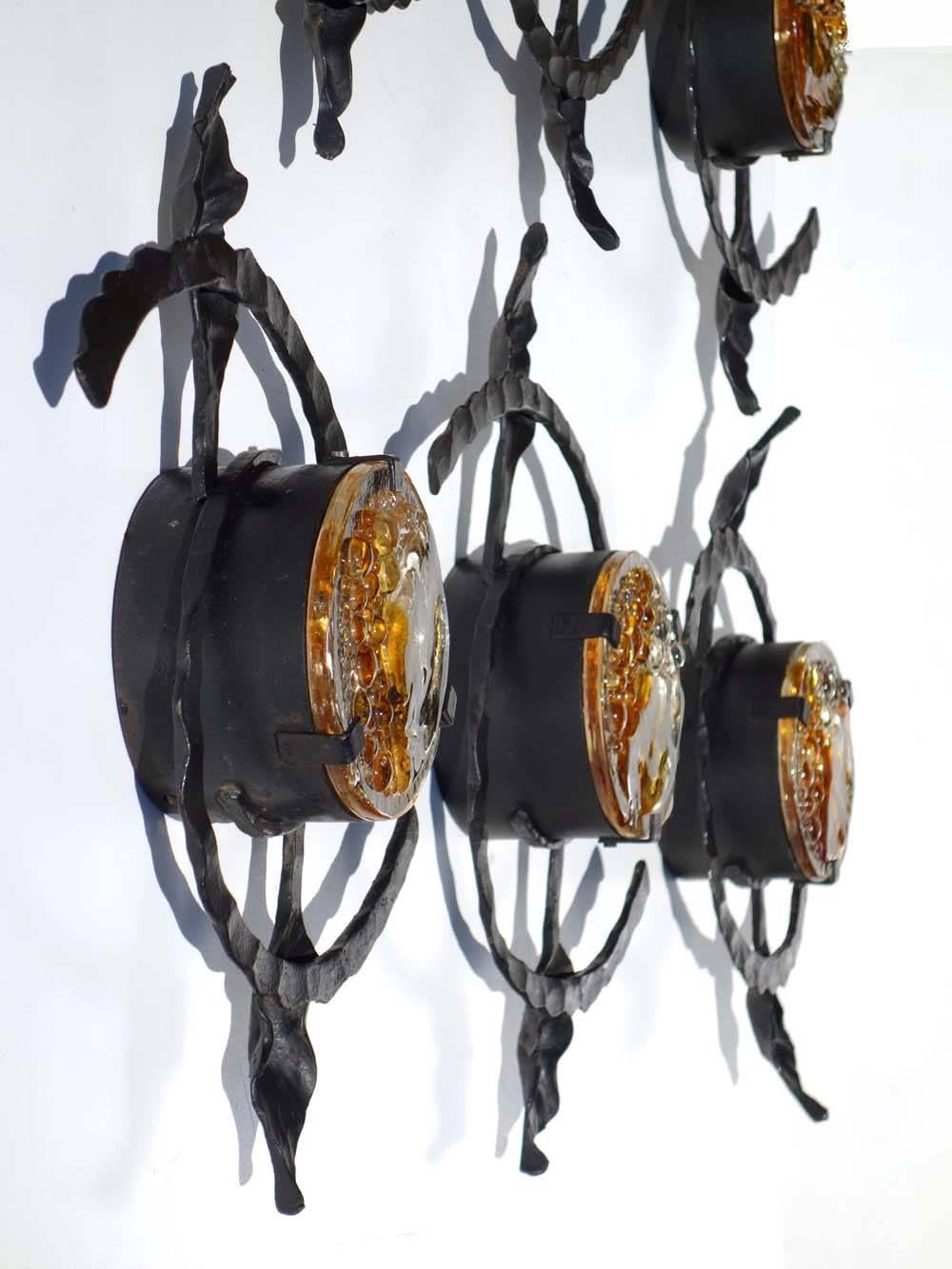 Mid-20th Century Six Brutalist 1960s Iron Glass Wall Lamps Sconces For Sale