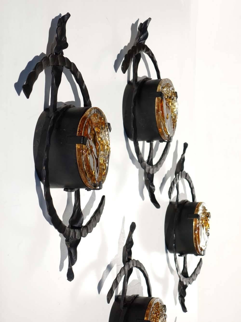 Six Brutalist 1960s Iron Glass Wall Lamps Sconces For Sale 1