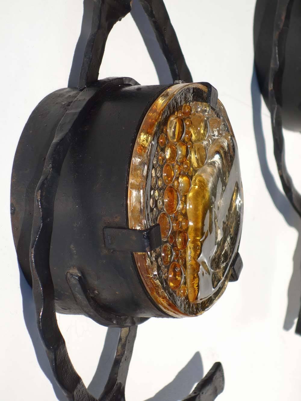 Six Brutalist 1960s Iron Glass Wall Lamps Sconces For Sale 2