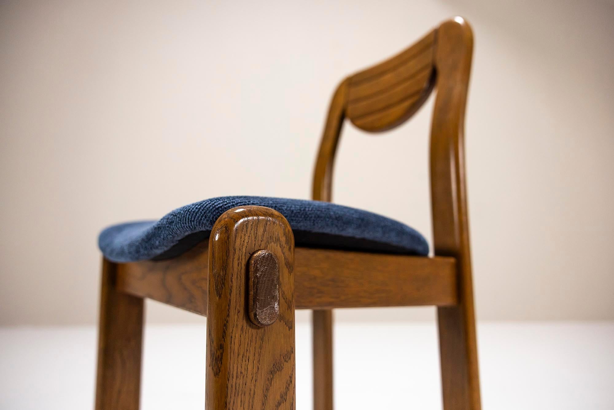 Six Brutalist Dining Chairs in Oak and Blue Upholstery, Germany 1960s For Sale 7