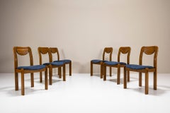 Six Brutalist Dining Chairs in Oak and Blue Upholstery, Germany 1960s