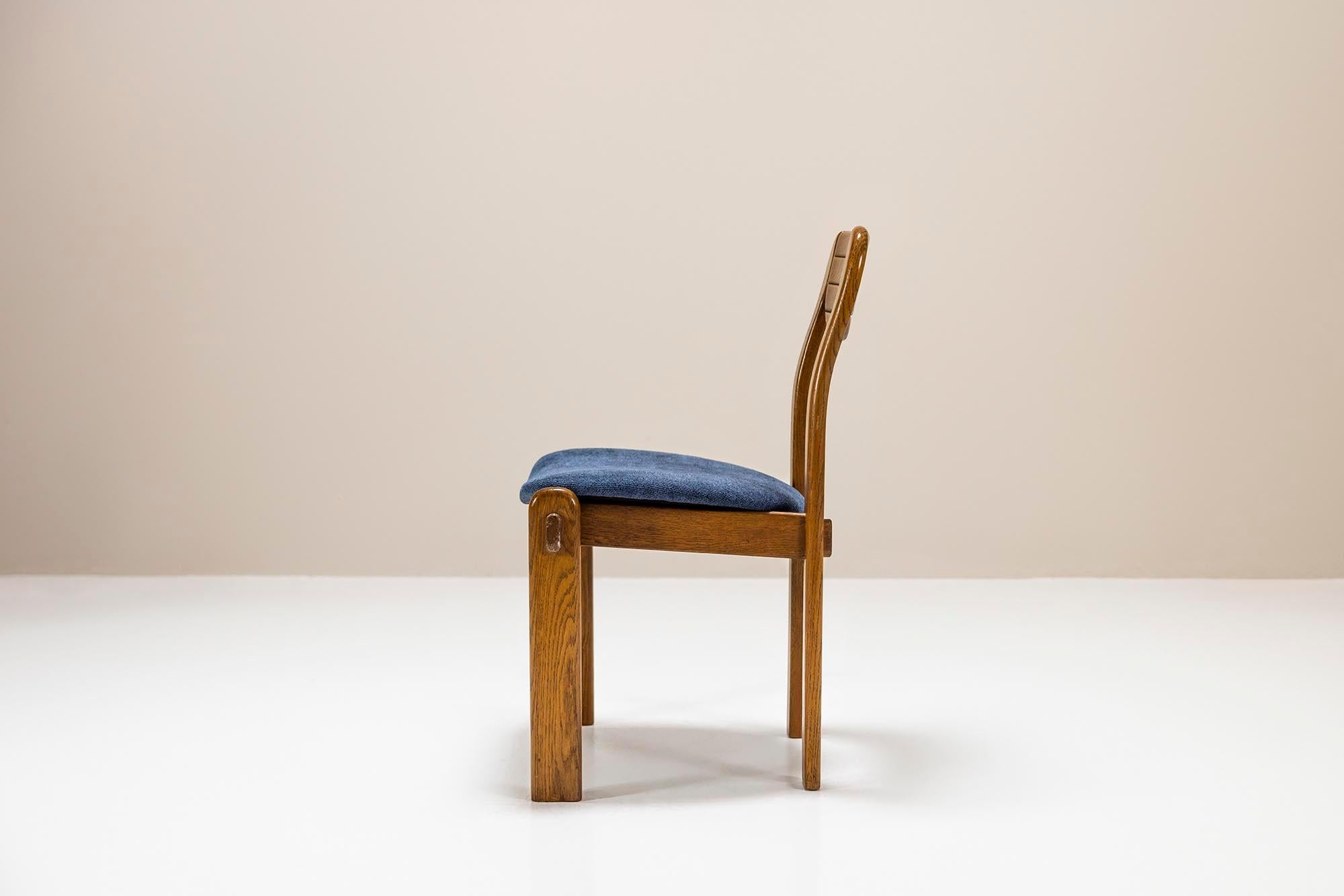 Six Brutalist Dining Chairs in Oak and Blue Upholstery, Germany 1960s For Sale 1