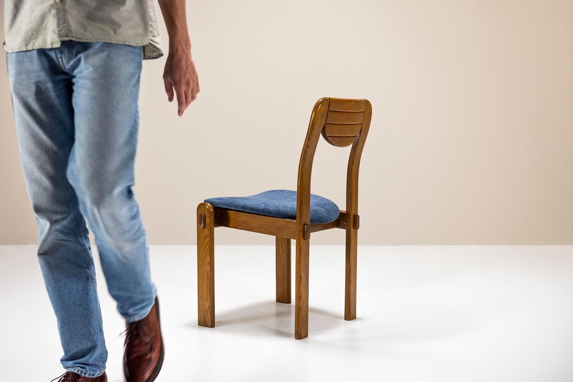 Six Brutalist Dining Chairs in Oak and Blue Upholstery, Germany 1960s For Sale 2