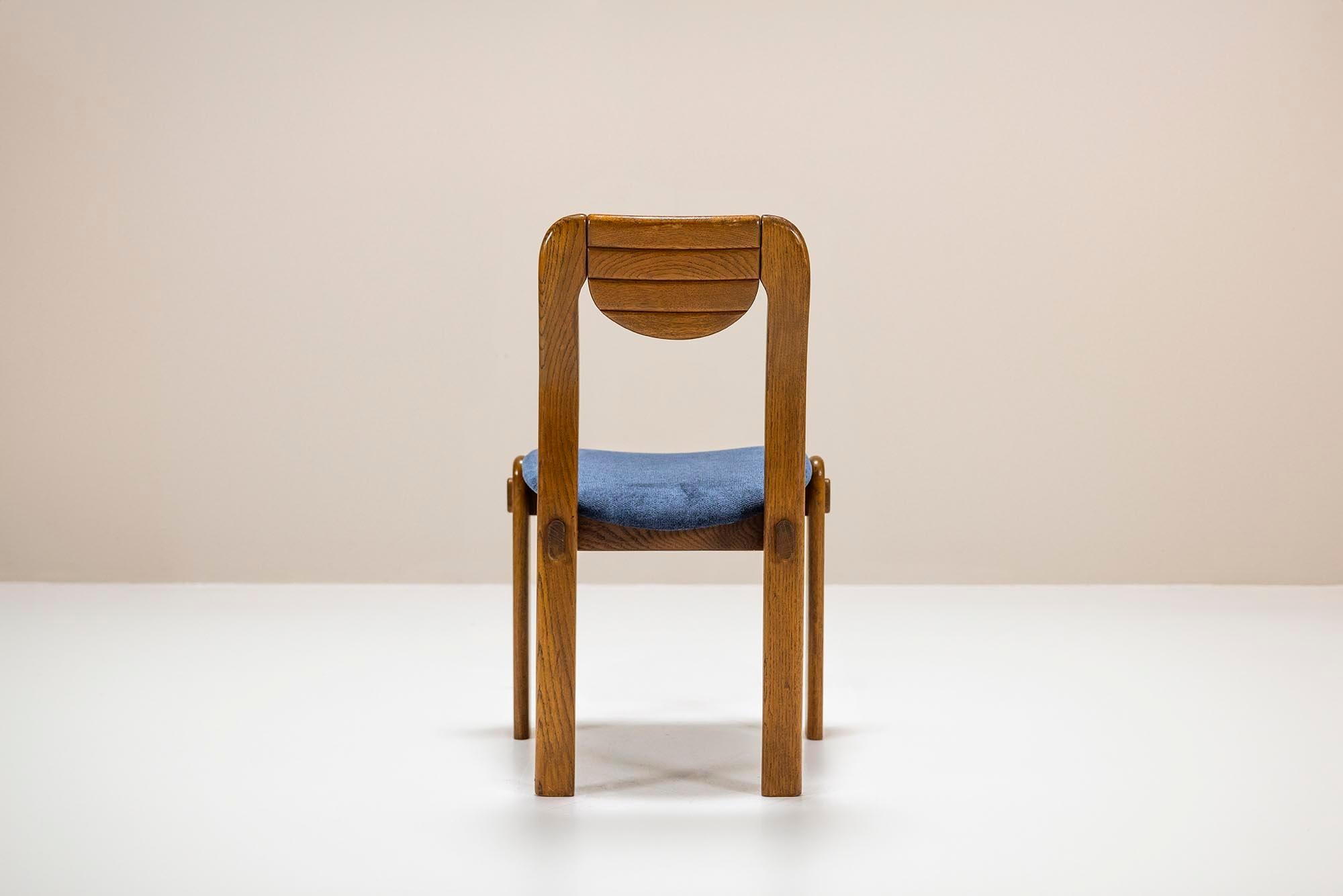 Six Brutalist Dining Chairs in Oak and Blue Upholstery, Germany 1960s For Sale 3