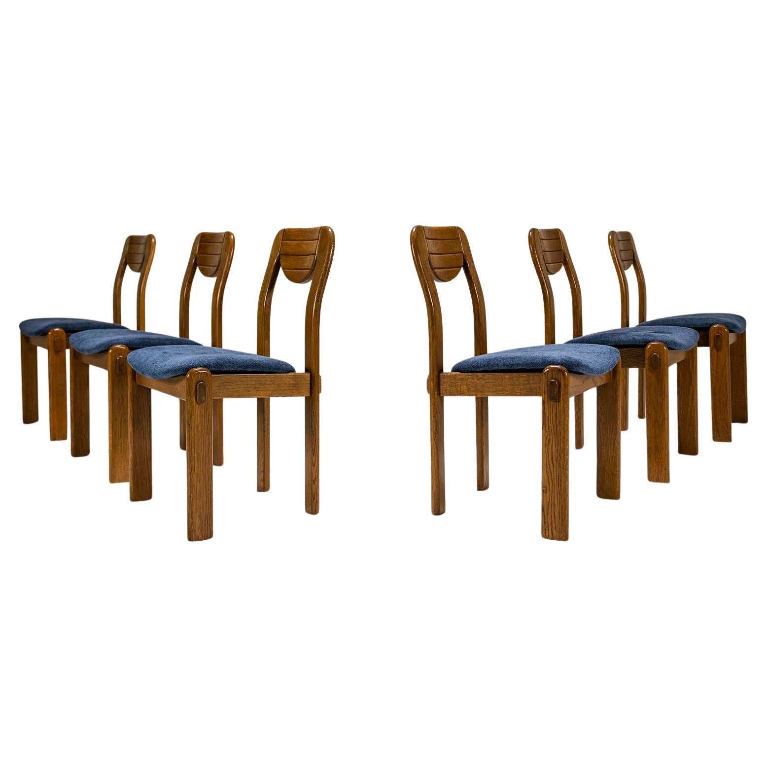 Six Brutalist Dining Chairs in Oak and Blue Upholstery, Germany 1960s