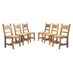 Vintage Six Brutalist Dining Chairs with Rush Seats, Europe ca 1960s