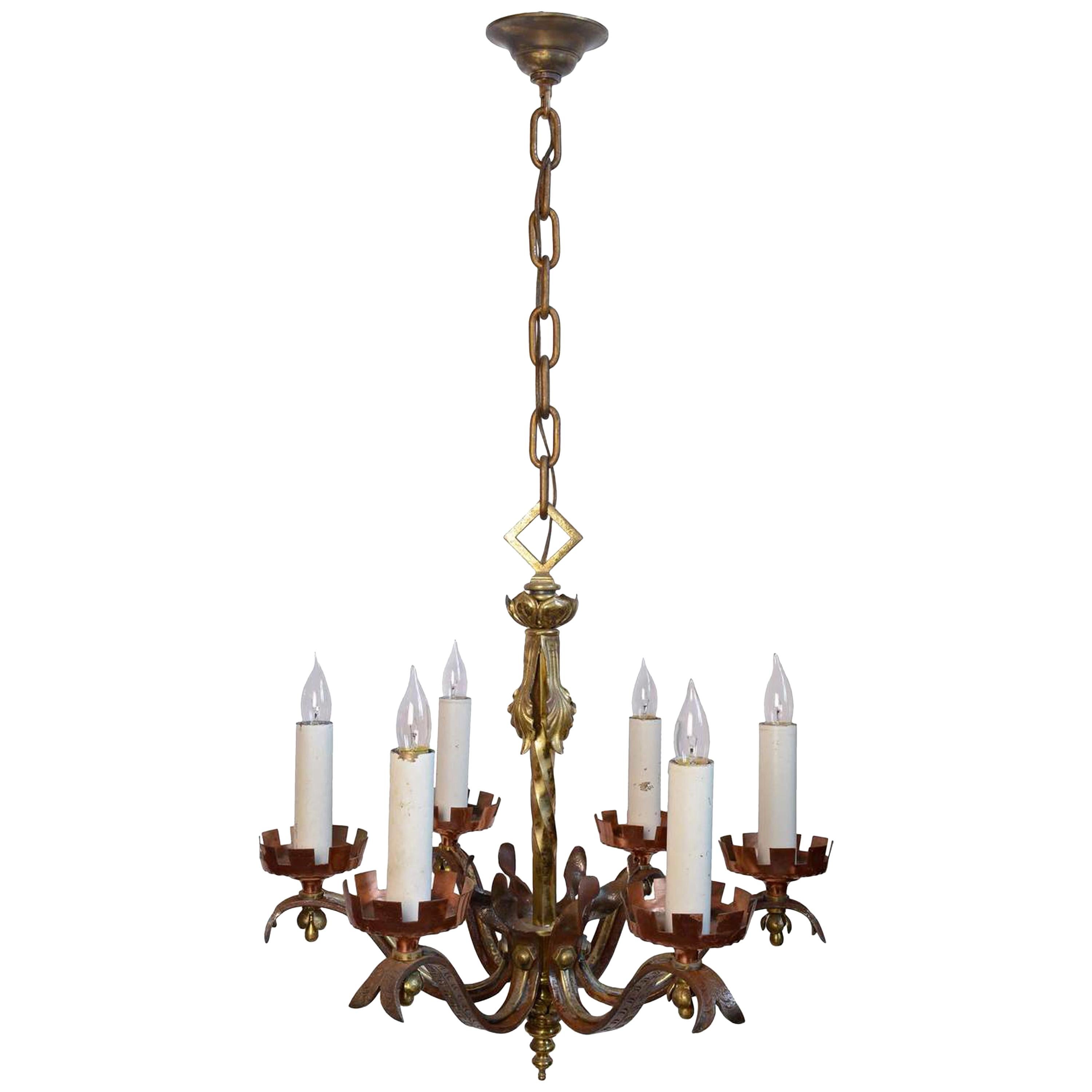 Six Candle Copper, Brass and Iron Gothic Revival Chandelier For Sale