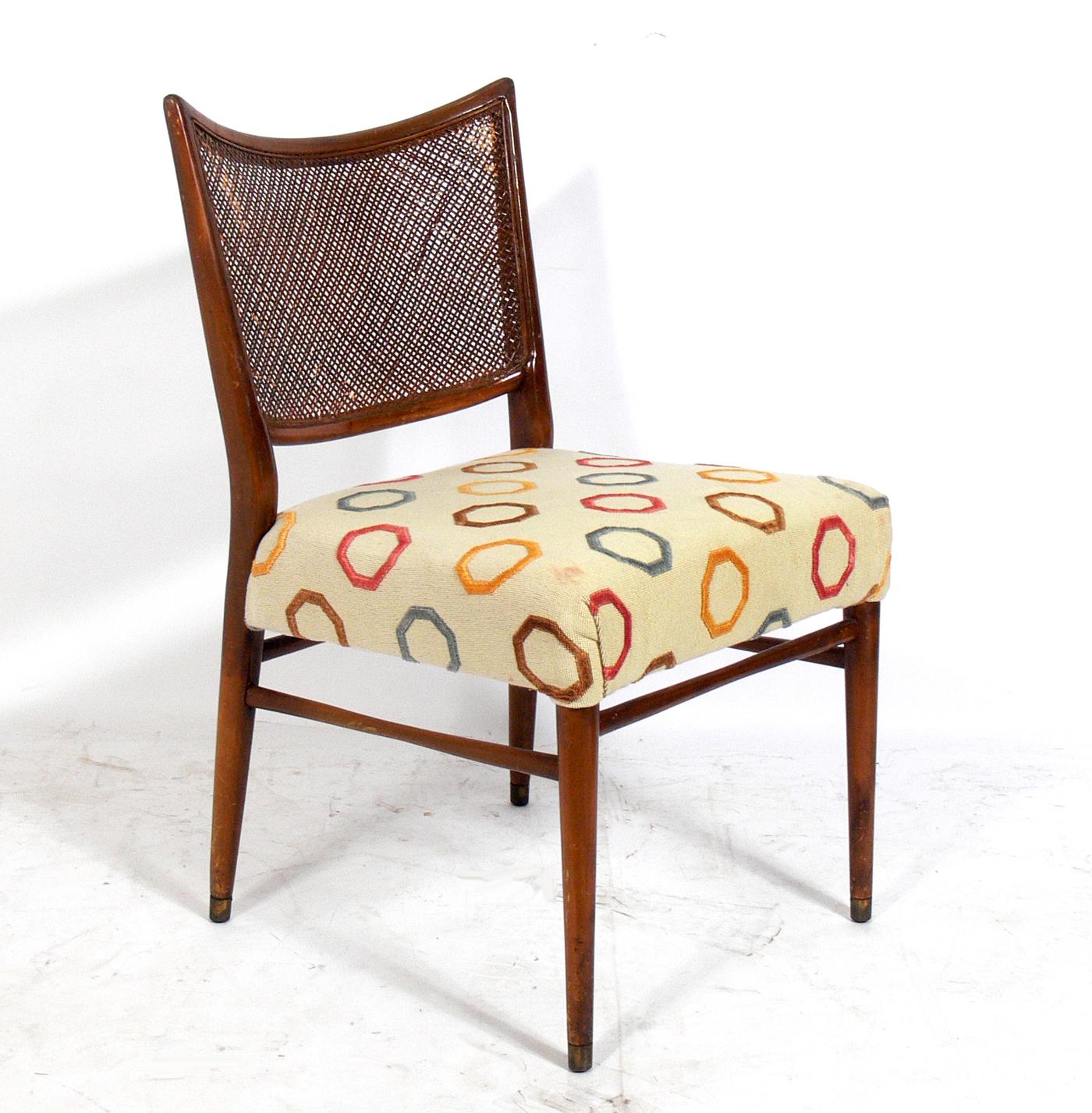 Six caned back dining chairs, probably French, circa 1950s. They are currently being refinished and reupholstered and can be completed in your choice of finish color and in your fabric. Simply send us the fabric after purchase. The price noted below