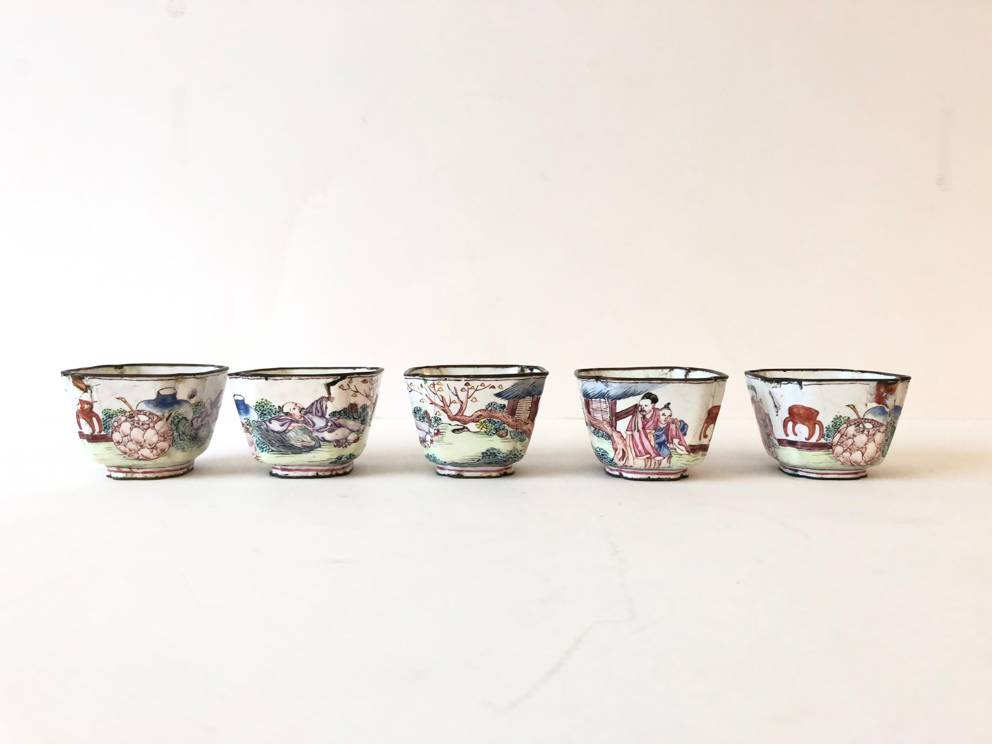 Enameled Six Canton Enamel Cup and Saucers