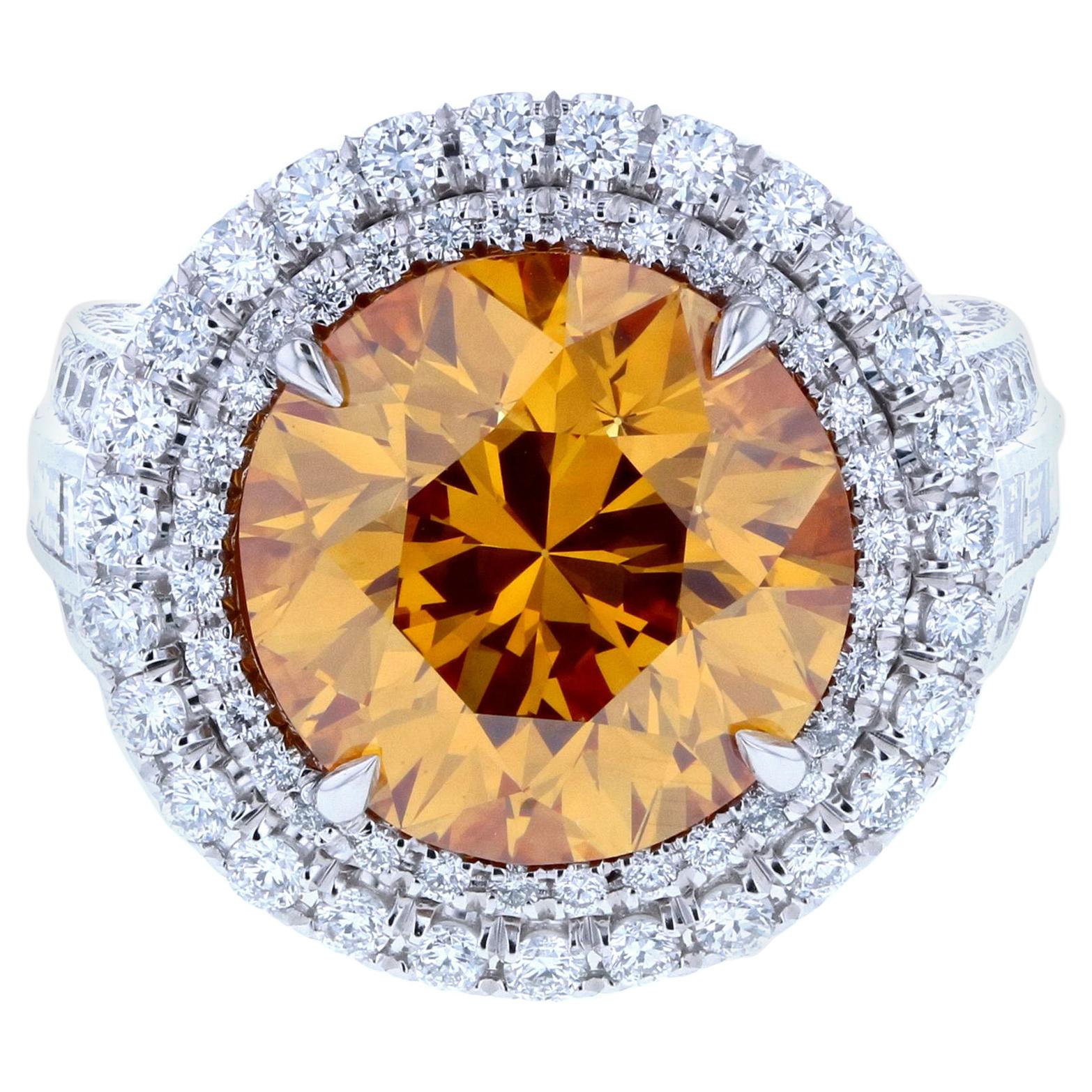 Six Carat Fancy Deep Orange Yellow Diamond Ring with Triple Shank & Diamond Pave For Sale