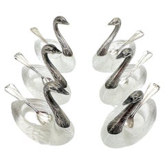 Six Carved Rock Crystal & Sterling Swan Motif Salts/ Condiments with Spoons