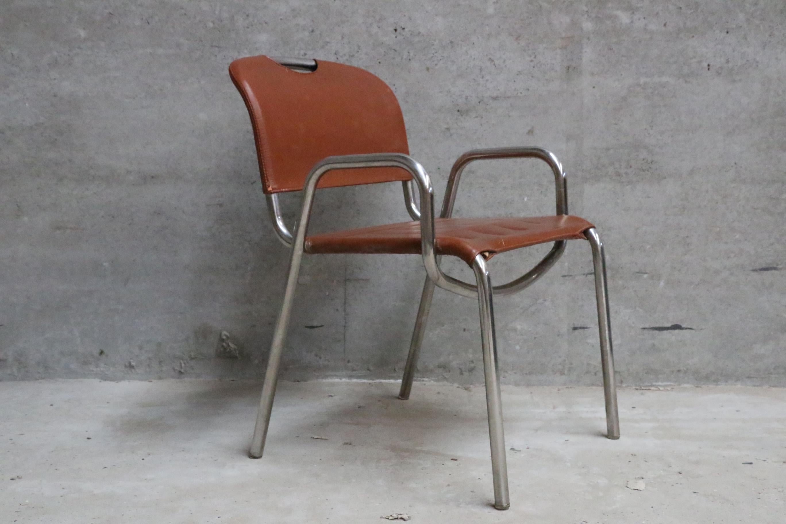 Six chairs designed by Achille Castiglioni/Marcello Minale made by Zanotta, circa 1968
Stackable chair. Stainless steel, seat and back in brown leather.