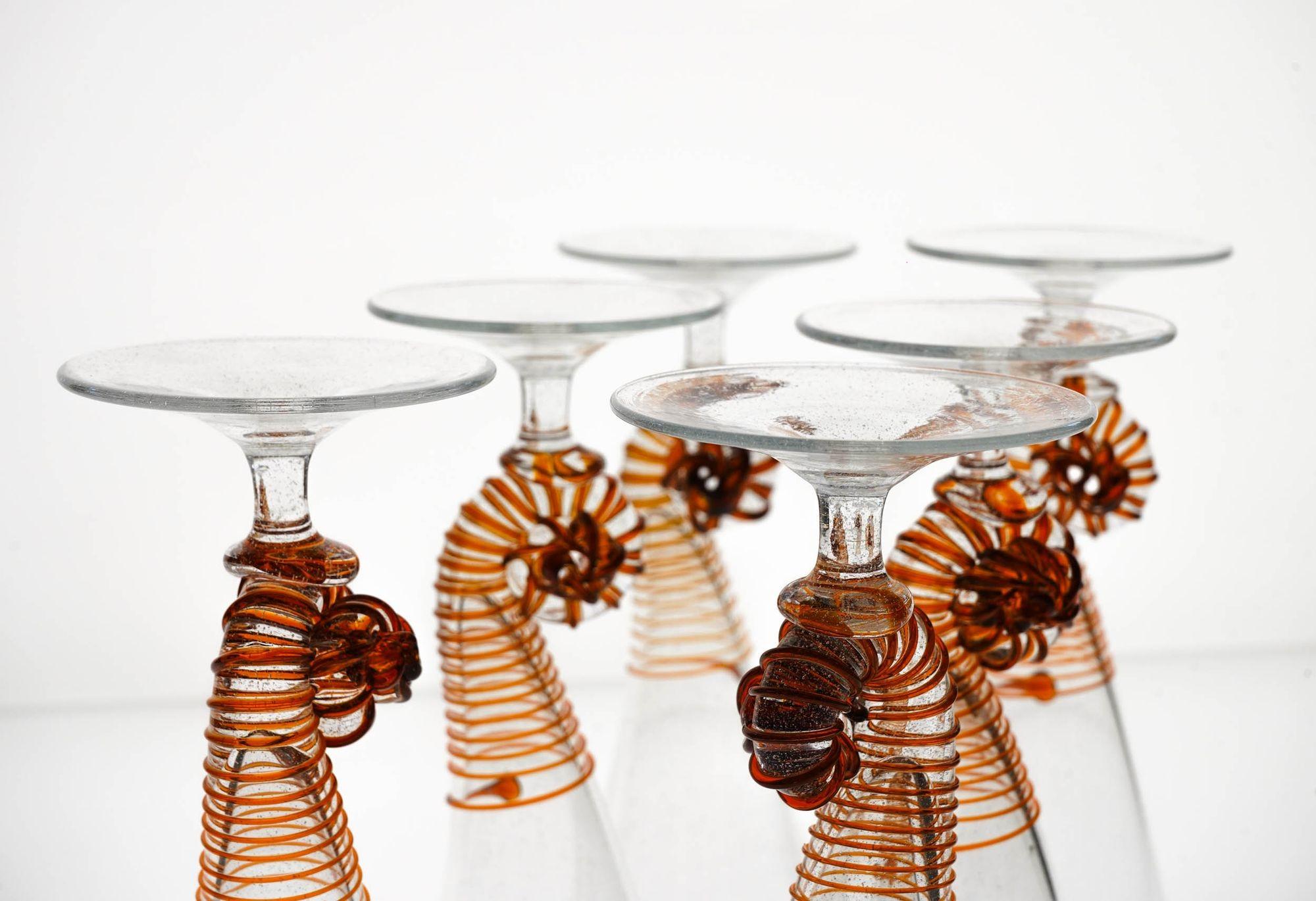 Six Cenedese Nautilus Flutes, Amber and Pulegoso Murano Glass, Signed For Sale 5