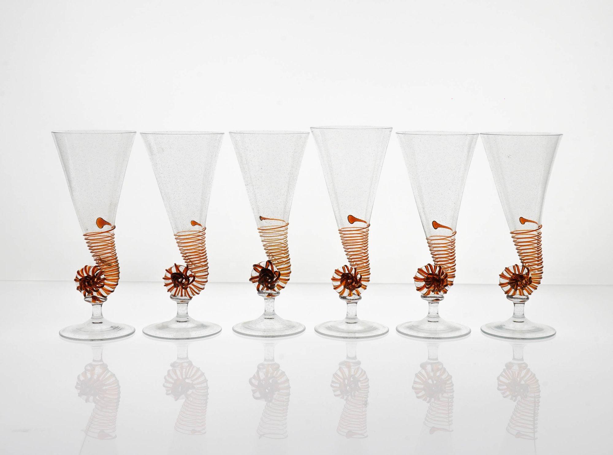 Six Cenedese Nautilus Flutes, Amber and Pulegoso Murano Glass, Signed For Sale 13