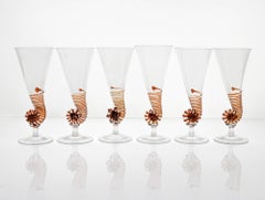 Six Cenedese Nautilus Flutes, Amber and Pulegoso Murano Glass, Signed