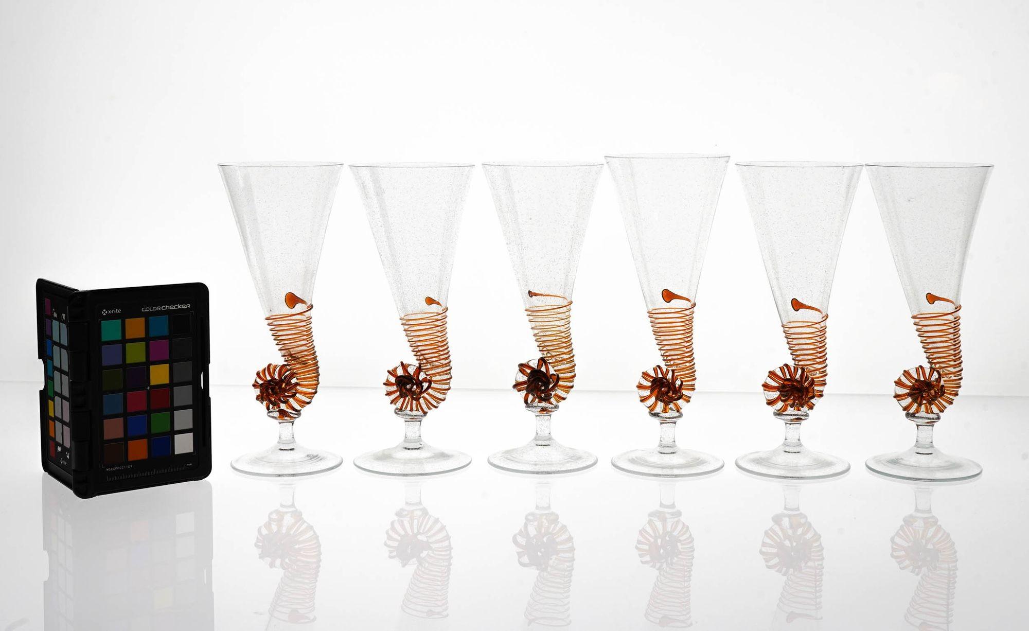 Six Cenedese Nautilus Flutes, Amber and Pulegoso Murano Glass, Signed For Sale 14