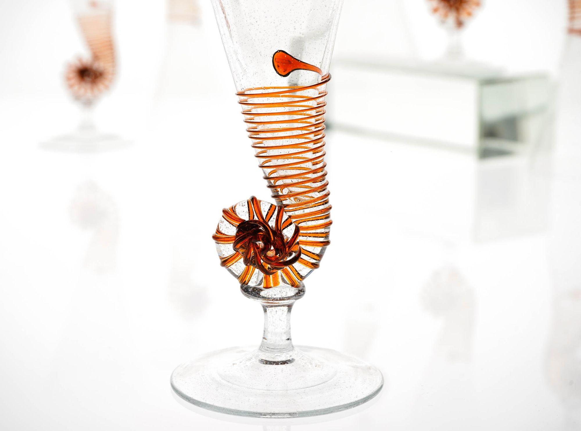 Mid-Century Modern Six Cenedese Nautilus Flutes, Amber and Pulegoso Murano Glass, Signed For Sale