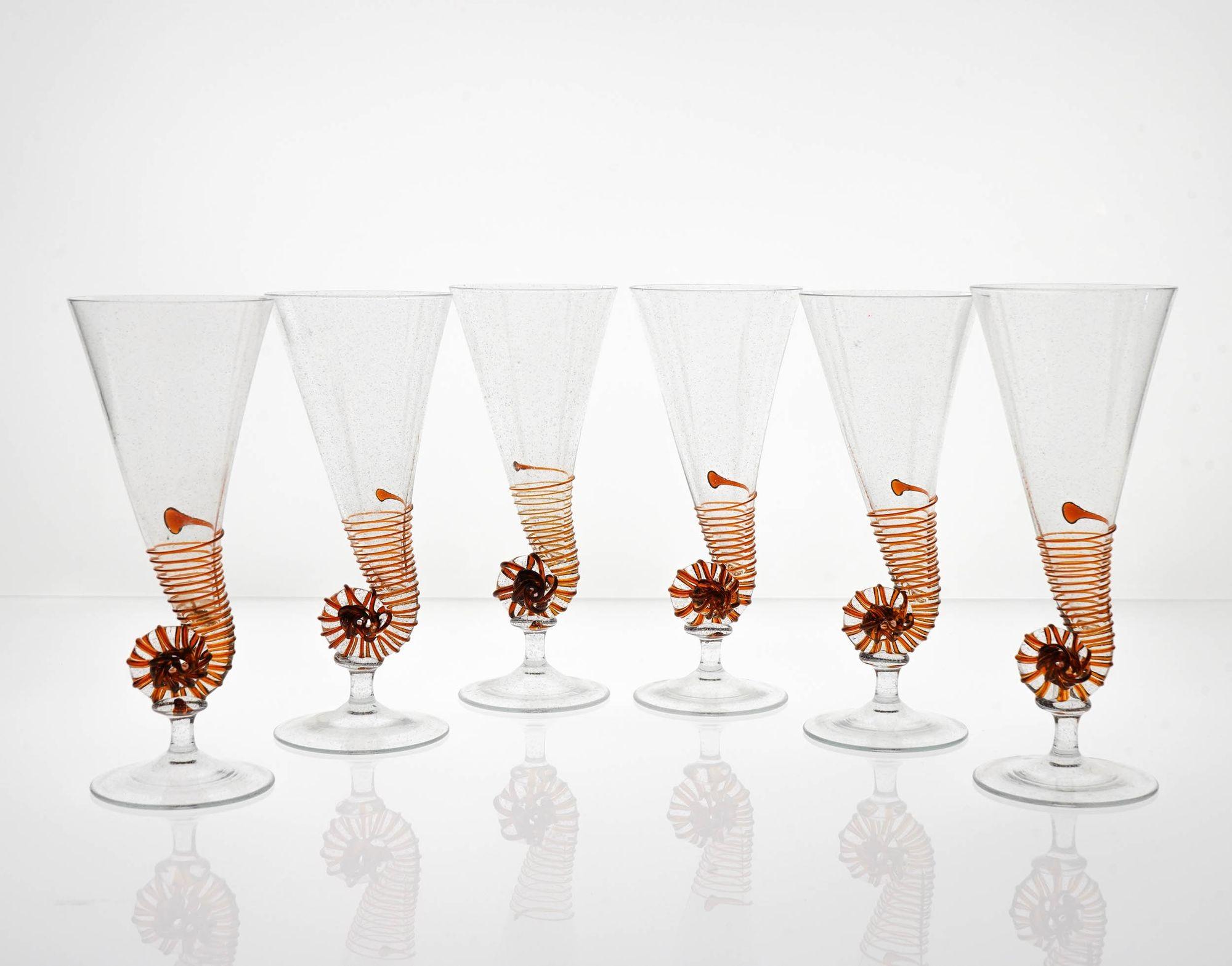 Italian Six Cenedese Nautilus Flutes, Amber and Pulegoso Murano Glass, Signed For Sale