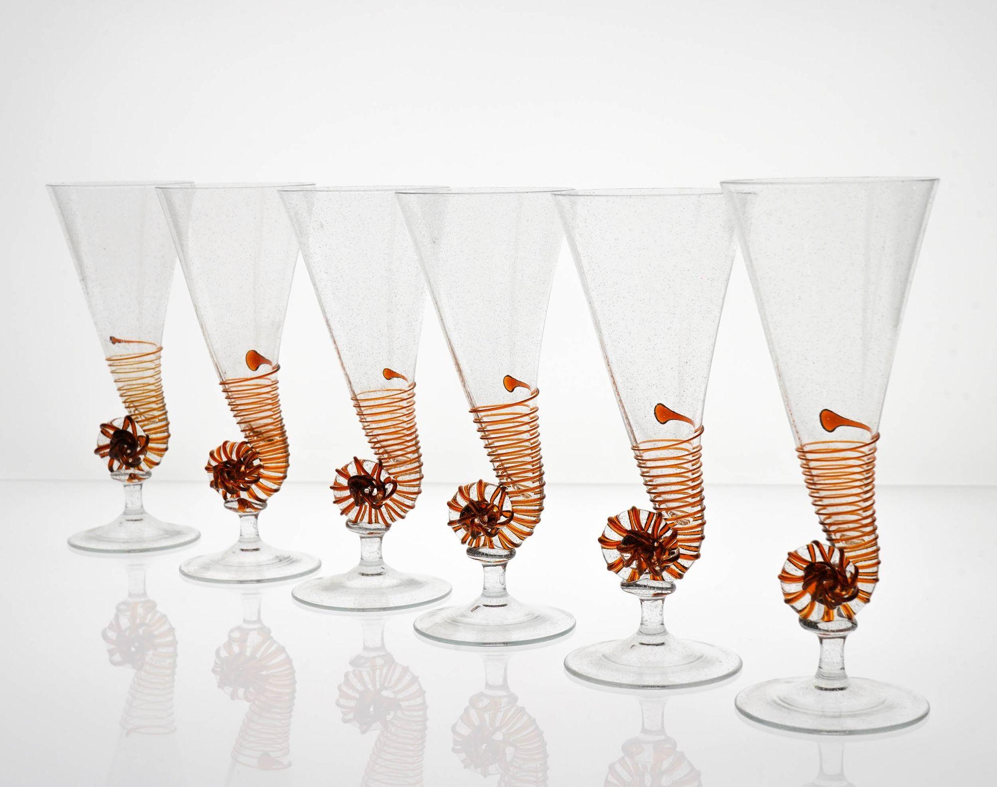 Mid-20th Century Six Cenedese Nautilus Flutes, Amber and Pulegoso Murano Glass, Signed For Sale