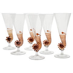 Sechs Cenedese Nautilusflöten, Bernstein und Pulegoso Murano Glas, signiert