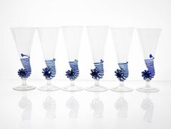 Six Cenedese Nautilus Flutes Set, Cobalt accent and Pulegoso Murano Glass signed