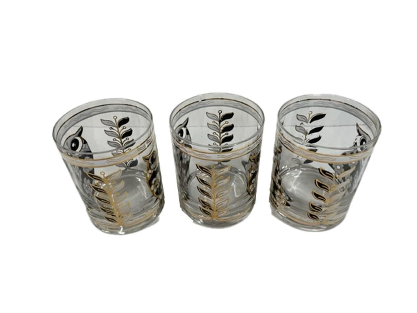 Mid-Century Modern Six Cera Glass Rocks Glasses with Flower Patterned Owls in Black, White and Gold For Sale