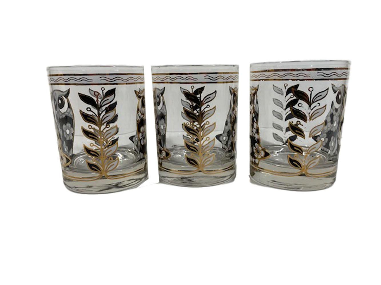 Six Cera Glass Rocks Glasses with Flower Patterned Owls in Black, White and Gold In Good Condition For Sale In Nantucket, MA