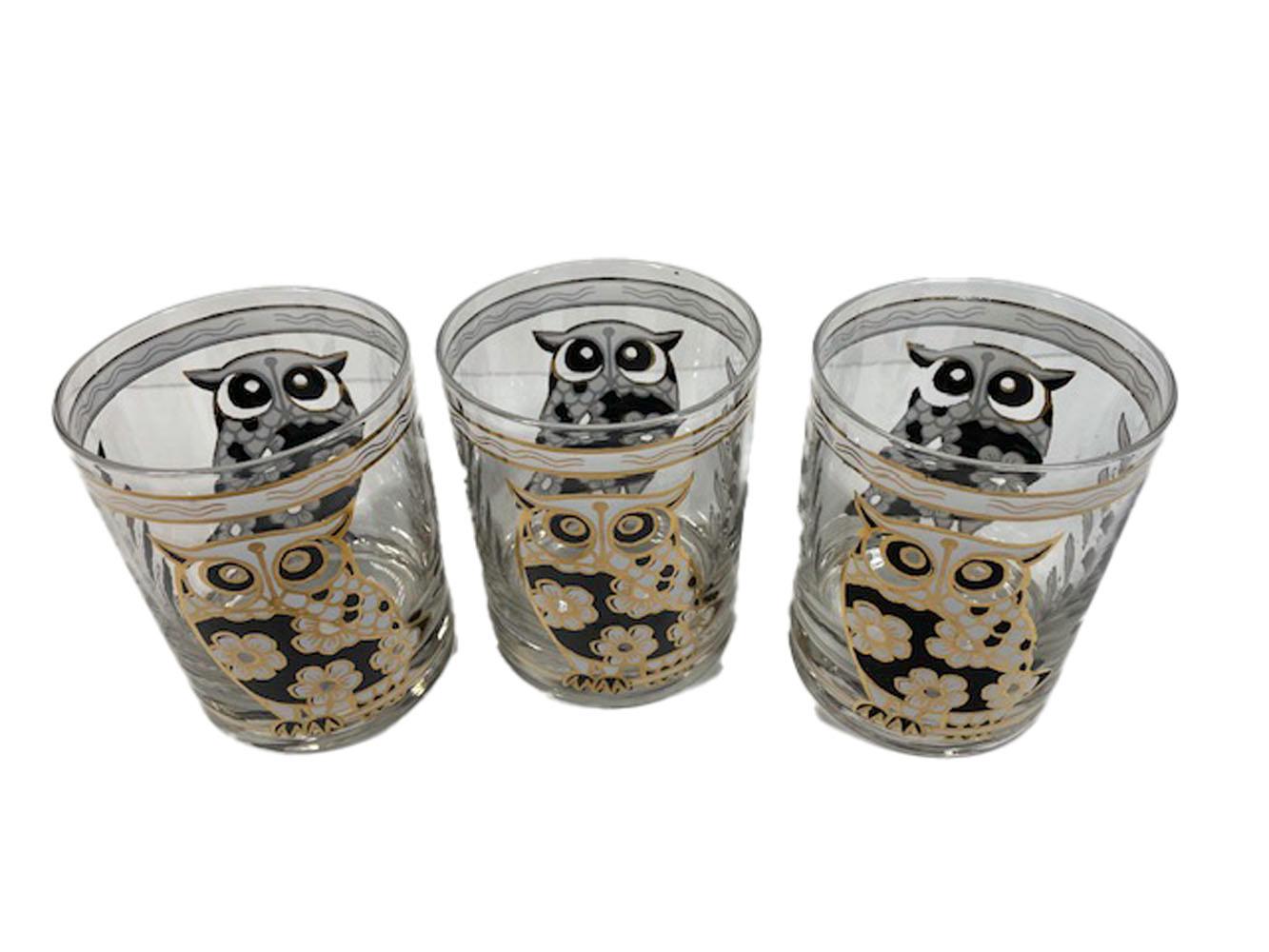 20th Century Six Cera Glass Rocks Glasses with Flower Patterned Owls in Black, White and Gold For Sale