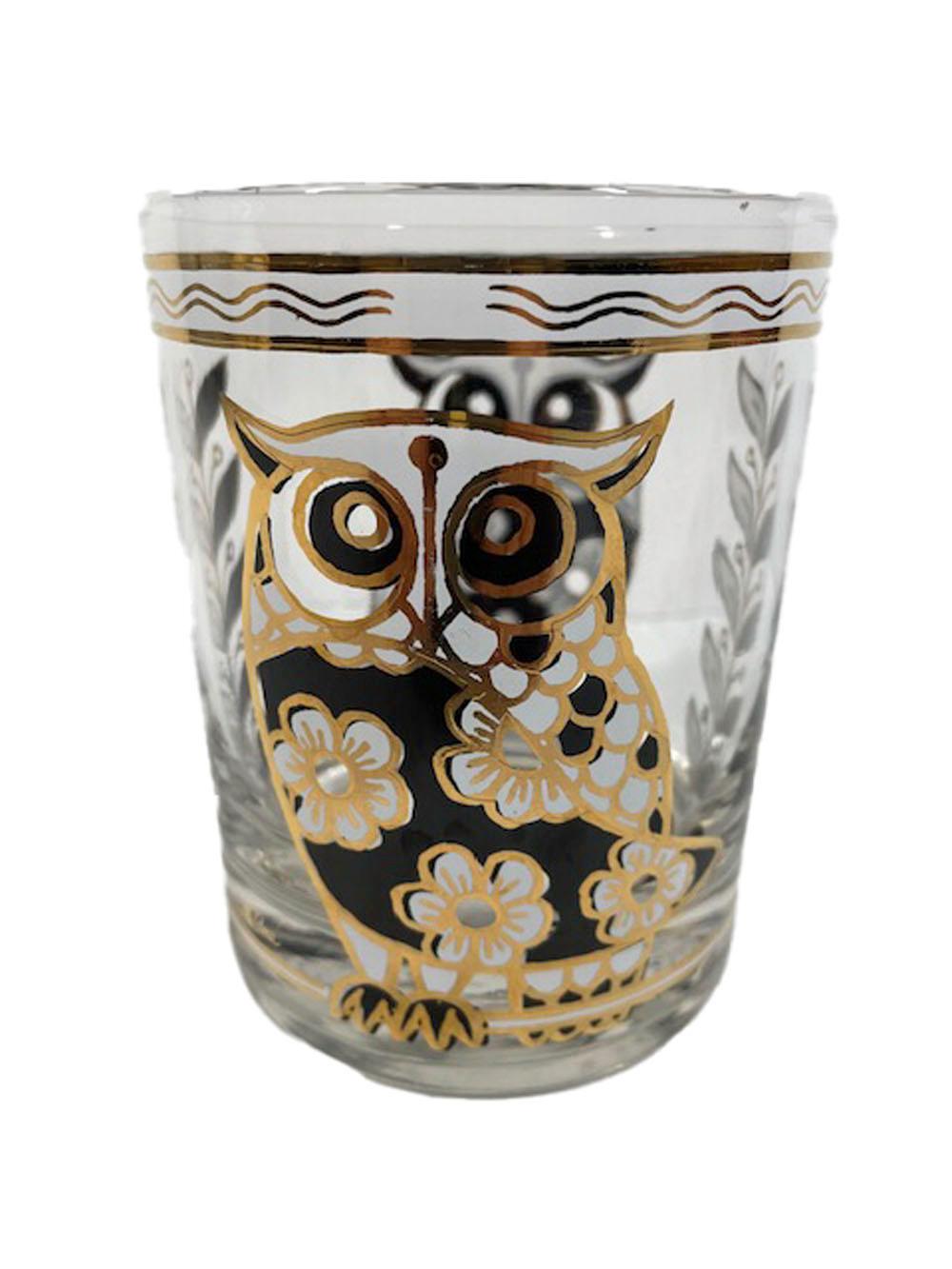 Six Cera Glass Rocks Glasses with Flower Patterned Owls in Black, White and Gold For Sale 2