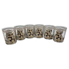 Retro Six Cera Glass Rocks Glasses with Flower Patterned Owls in Black, White and Gold