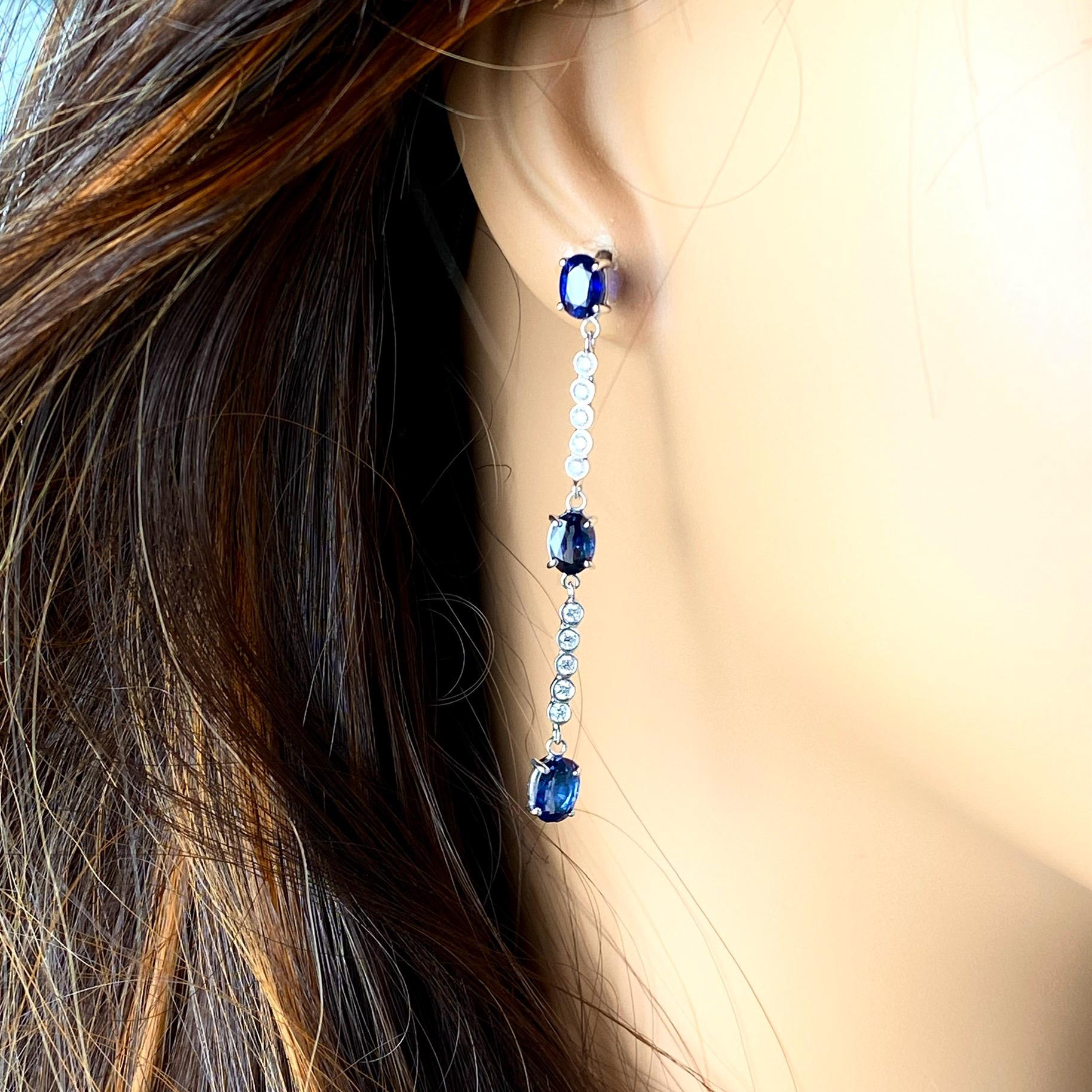 Contemporary Six Ceylon Sapphires Diamond 6.10 Carat Lariat 2.25 Inch White Gold Earrings For Sale